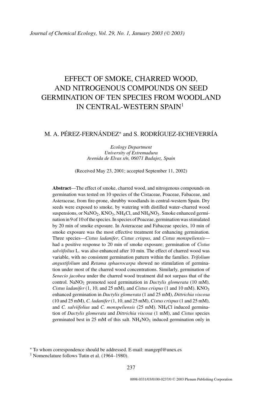 Effect of Smoke, Charred Wood, and Nitrogenous Compounds on Seed Germination of Ten Species from Woodland in Central-Western Spain by Unknown