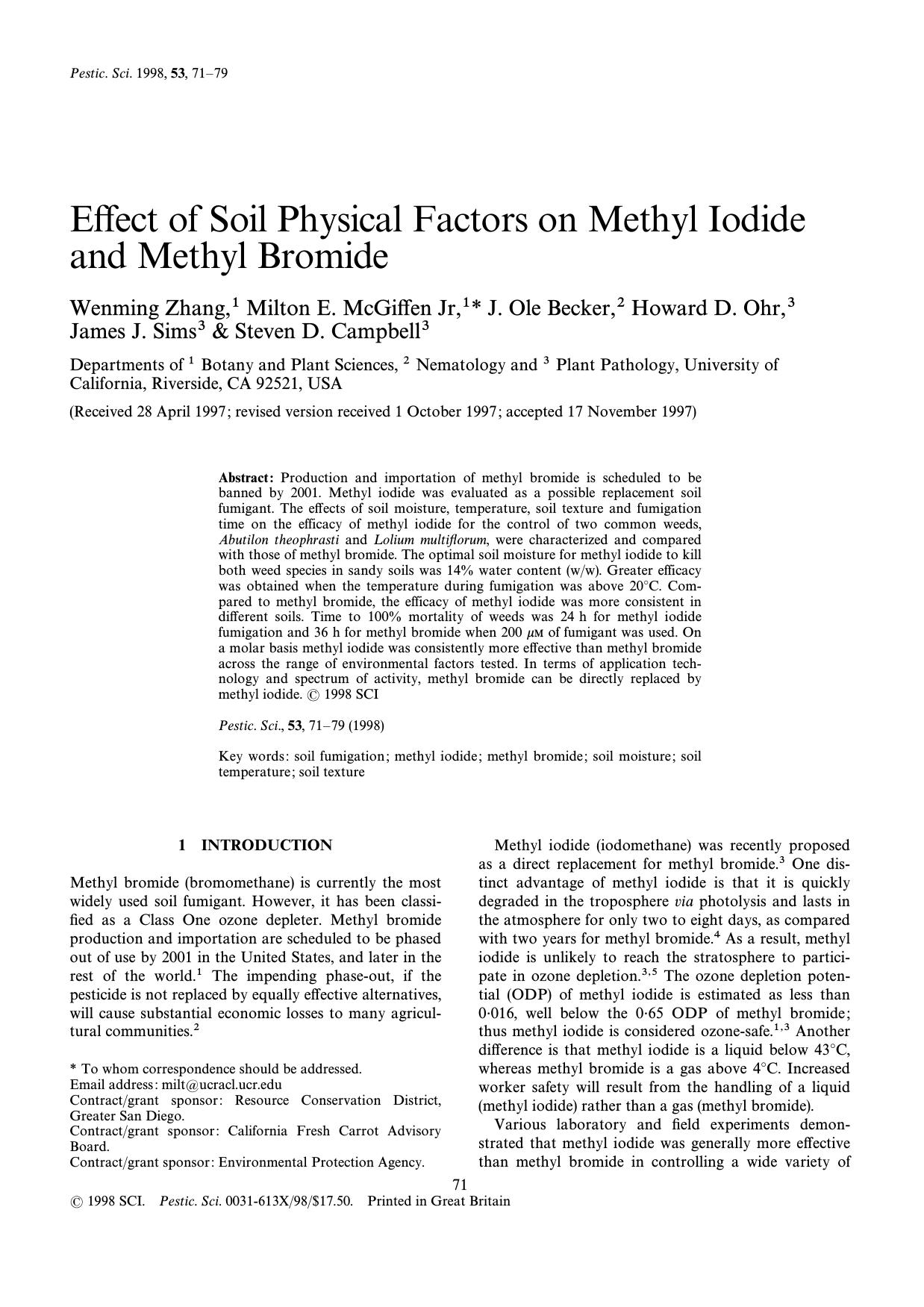 Effect of Soil Physical Factors on Methyl Iodide and Methyl Bromide by Zhang McGiffen Ole Becker Ohr Sims Campbell