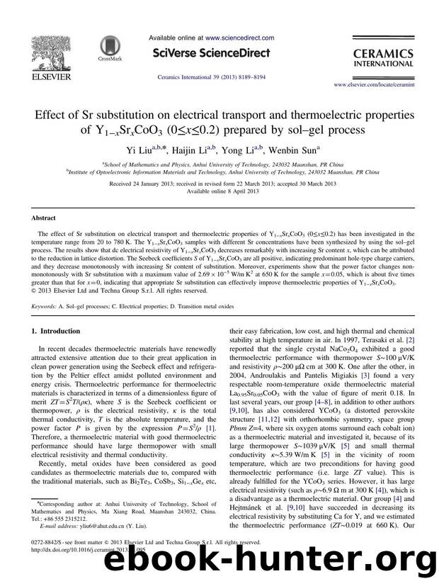 Effect of Sr substitution on electrical transport and thermoelectric properties of Y1âxSrxCoO3 (0â¤xâ¤0.2) prepared by solâgel process by Yi Liu & Haijin Li & Yong Li & Wenbin Sun