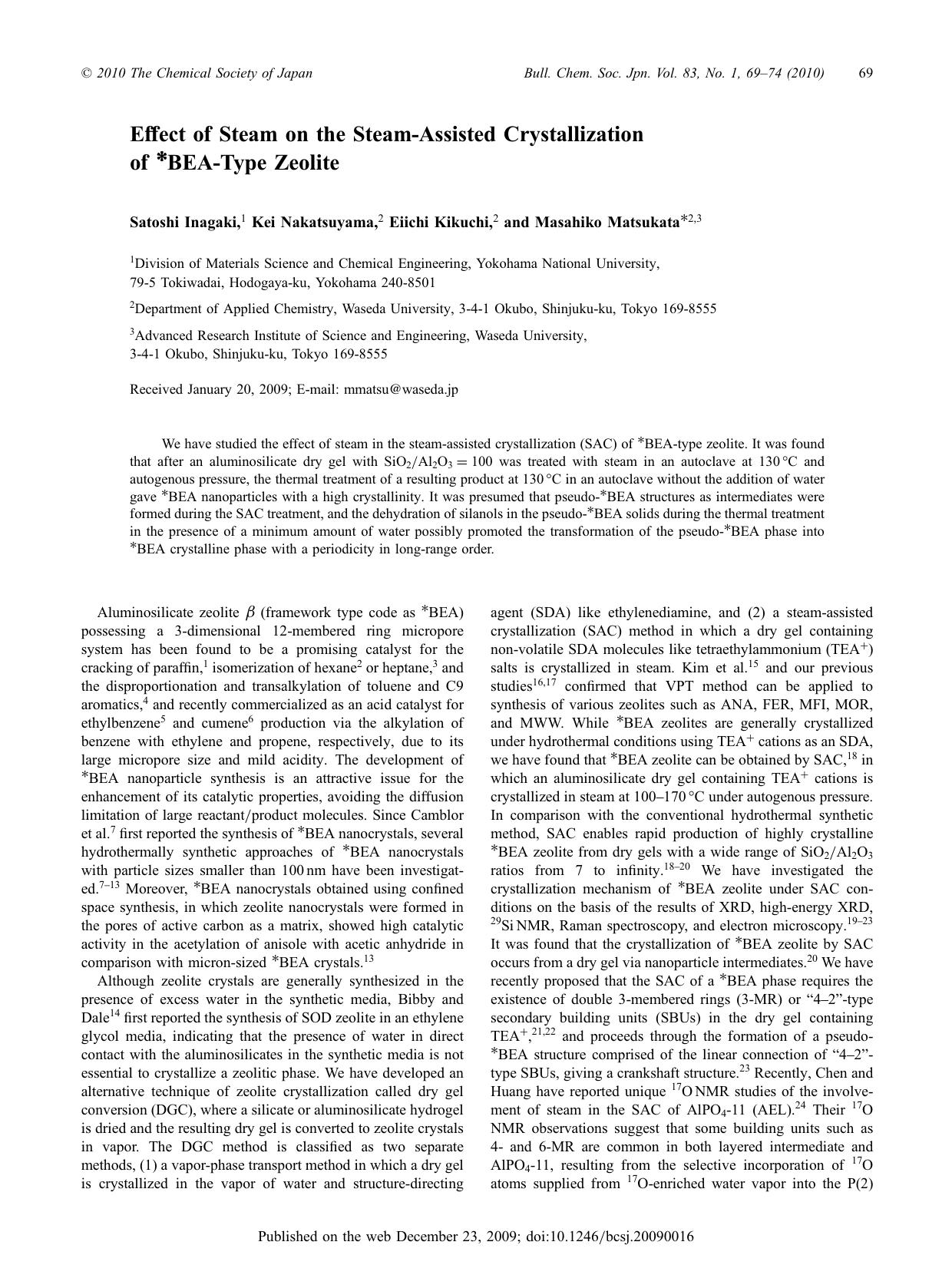 Effect of Steam on the Steam-Assisted Crystallization of *BEA-Type Zeolite by （社）日本化学会　The Chemical Society of Japan