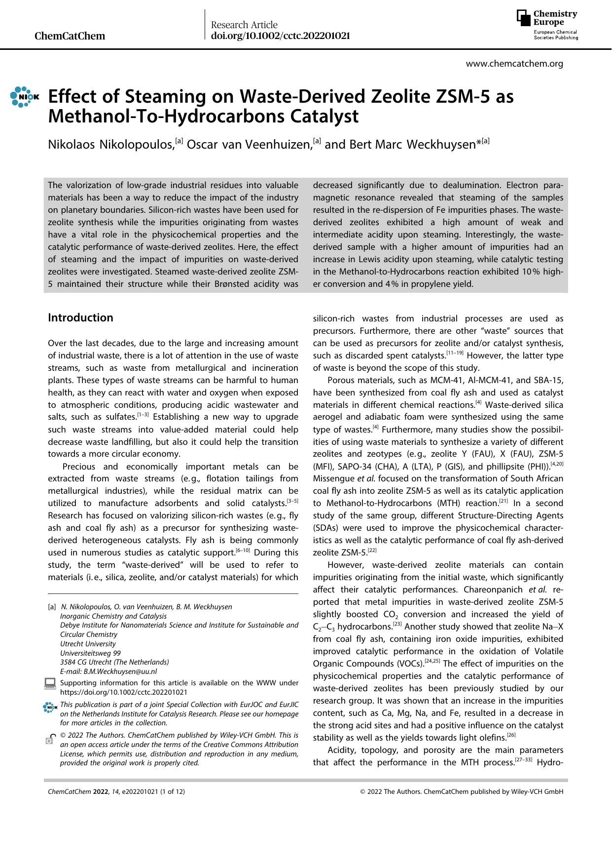 Effect of Steaming on WasteâDerived Zeolite ZSMâ5 as MethanolâToâHydrocarbons Catalyst by Unknown