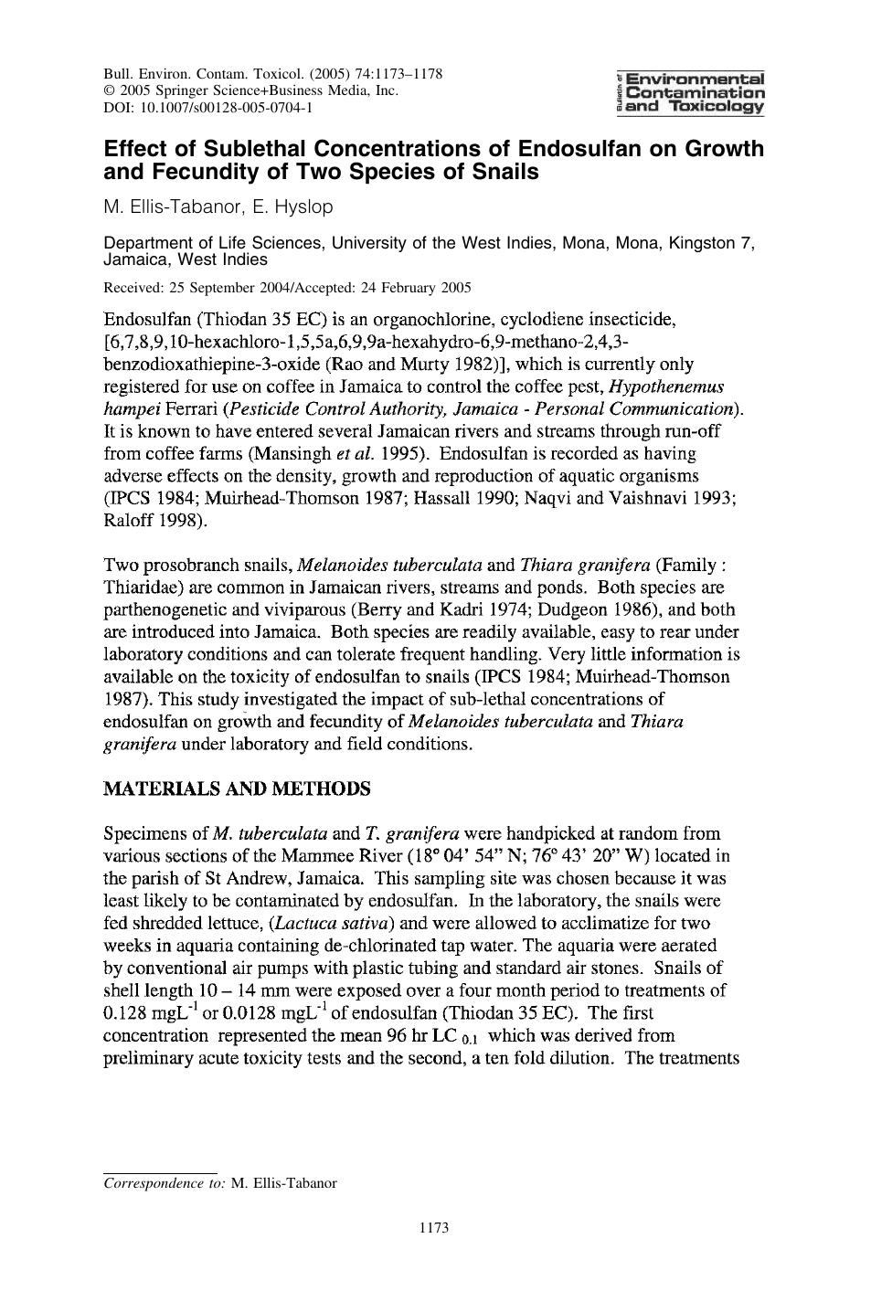 Effect of Sublethal Concentrations of Endosulfan on Growth and Fecundity of Two Species of Snails by Ellis-Tabanor M.; et al