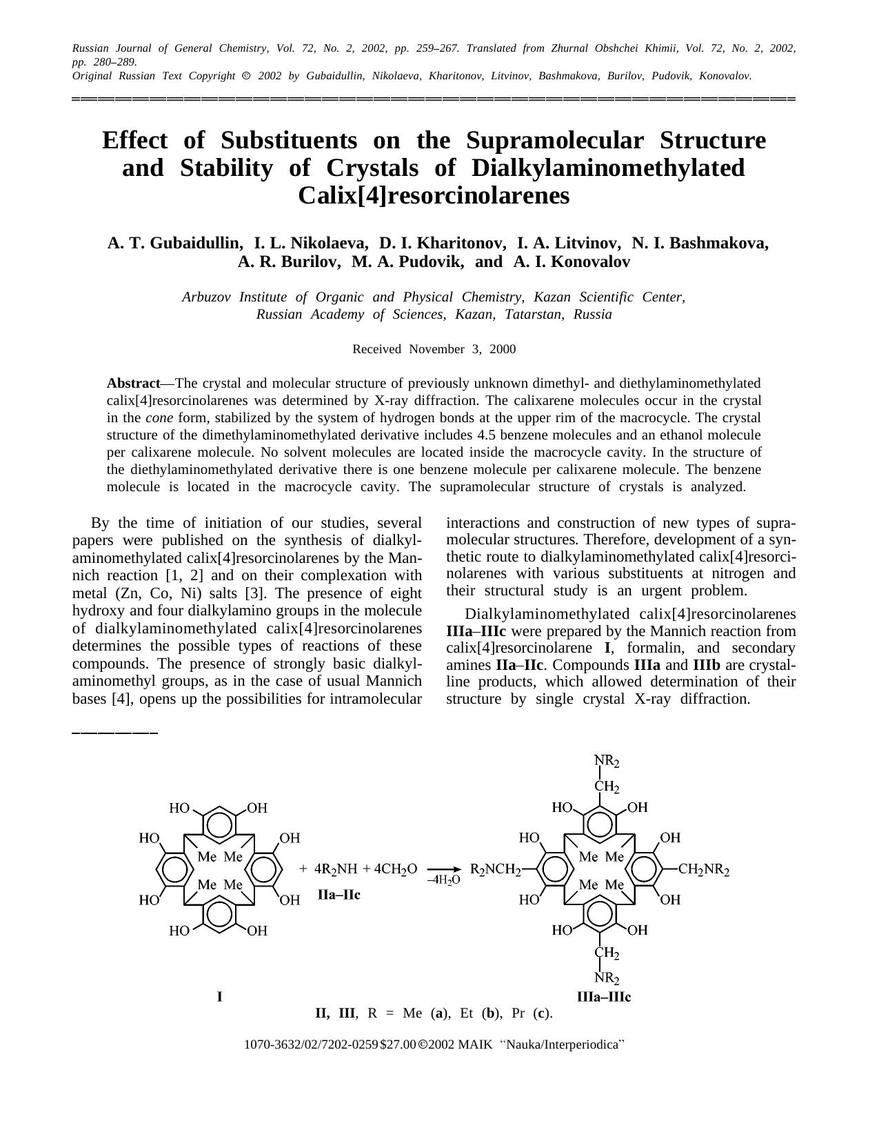 Effect of Substituents on the Supramolecular Structure and Stability of Crystals of Dialkylaminomethylated Calix[4]resorcinolarenes by Unknown