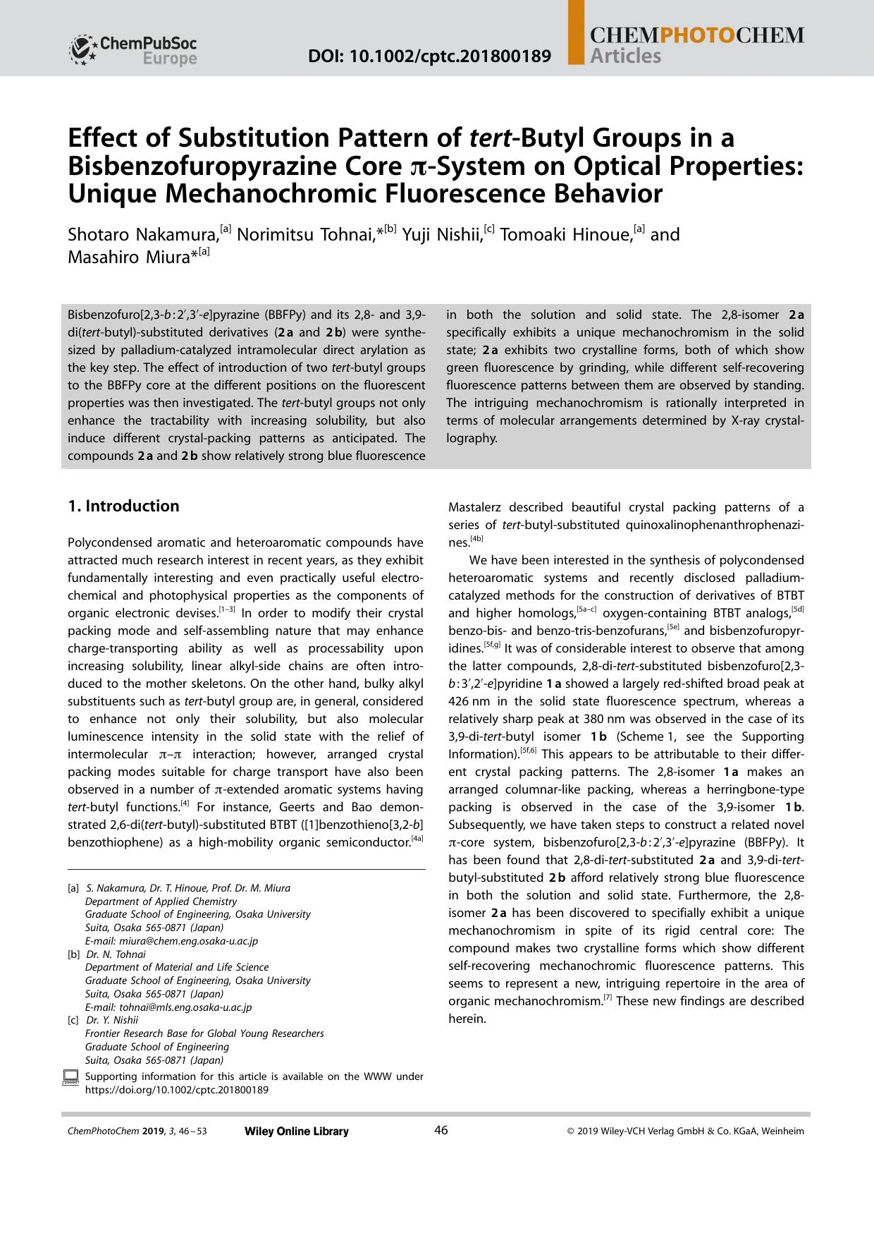 Effect of Substitution Pattern of tertâButyl Groups in a Bisbenzofuropyrazine Core ÏâSystem on Optical Properties: Unique Mechanochromic Fluorescence Behavior by Unknown