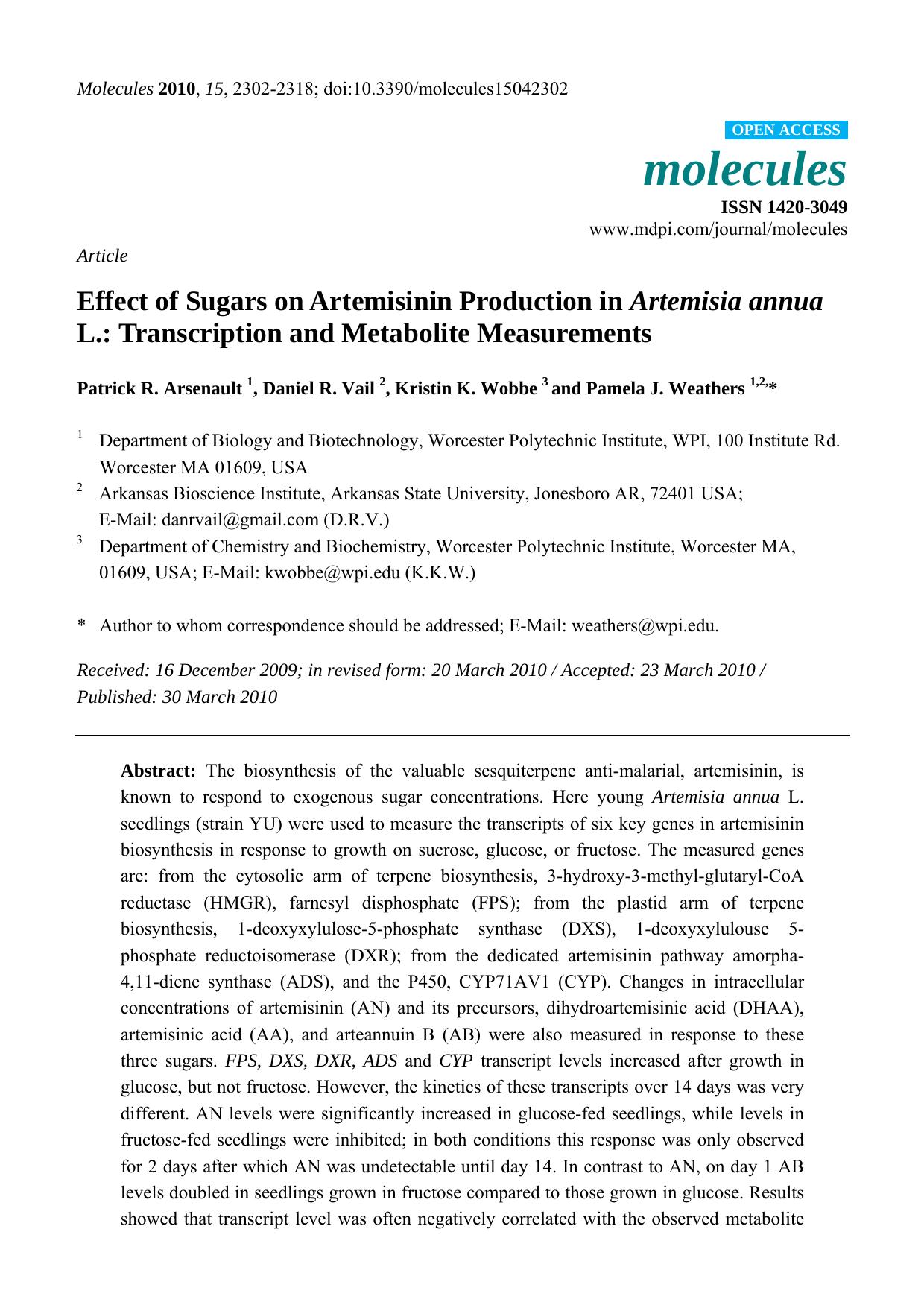 Effect of Sugars on Artemisinin Production in Artemisia annua L.: Transcription and Metabolite Measurements by Patrick R. Arsenault & Daniel R. Vail & Kristin K. Wobbe & Pamela J. Weathers