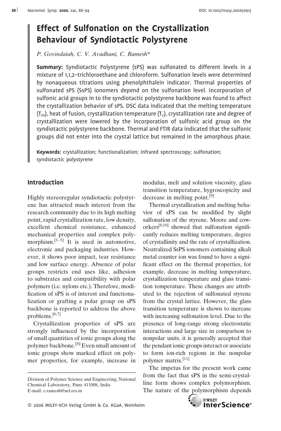 Effect of Sulfonation on the Crystallization Behaviour of Syndiotactic Polystyrene by Unknown