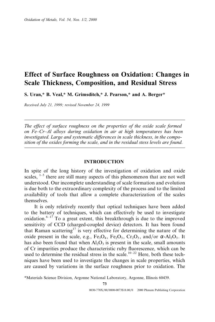 Effect of Surface Roughness on Oxidation: Changes in Scale Thickness, Composition, and Residual Stress by Unknown