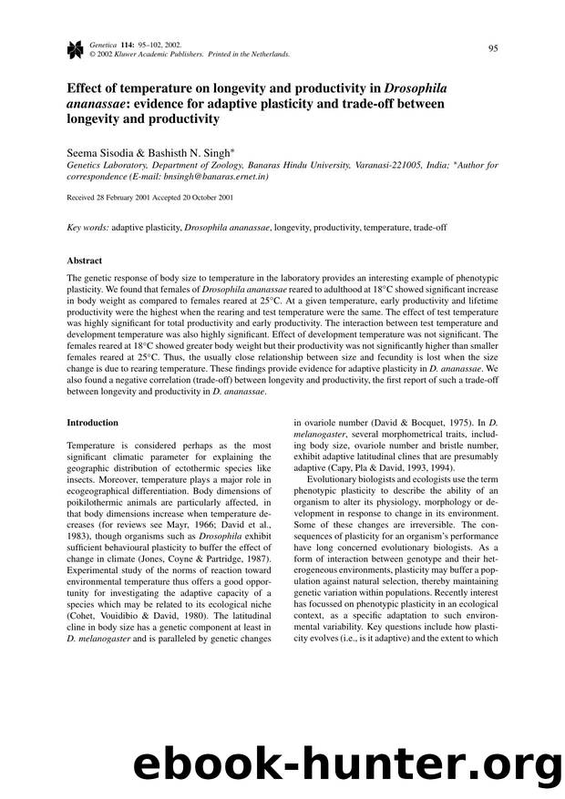 Effect of Temperature on Longevity and Productivity in <Emphasis Type="Italic">Drosophila Ananassae<Emphasis>: Evidence for Adaptive Plasticity and Trade-Off Between Longevity and Productivity by Unknown