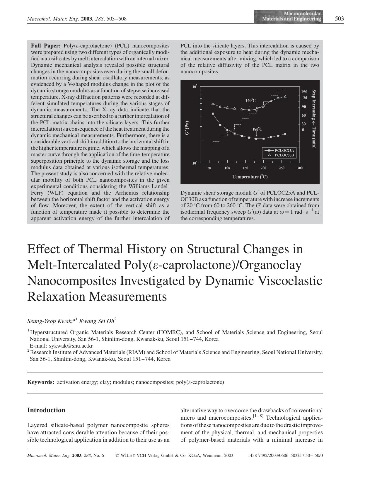 Effect of Thermal History on Structural Changes in Melt-Intercalated Poly([epsiv]-caprolactone)Organoclay Nanocomposites Investigated by Dynamic Viscoelastic Relaxation Measurements by Unknown