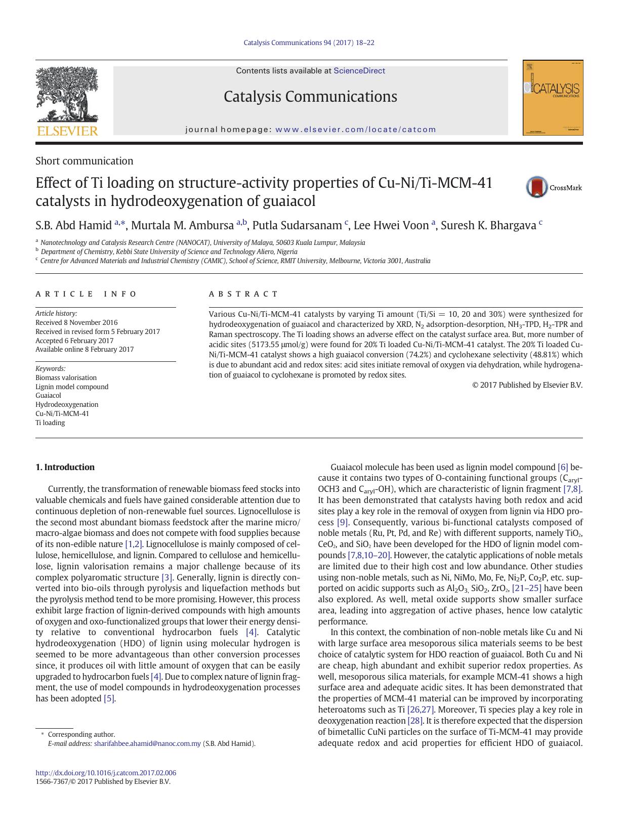 Effect of Ti loading on structure-activity properties of Cu-NiTi-MCM-41 catalysts in hydrodeoxygenation of guaiacol by S.B. Abd Hamid & Murtala M. Ambursa & Putla Sudarsanam & Lee Hwei Voon & Suresh K. Bhargava