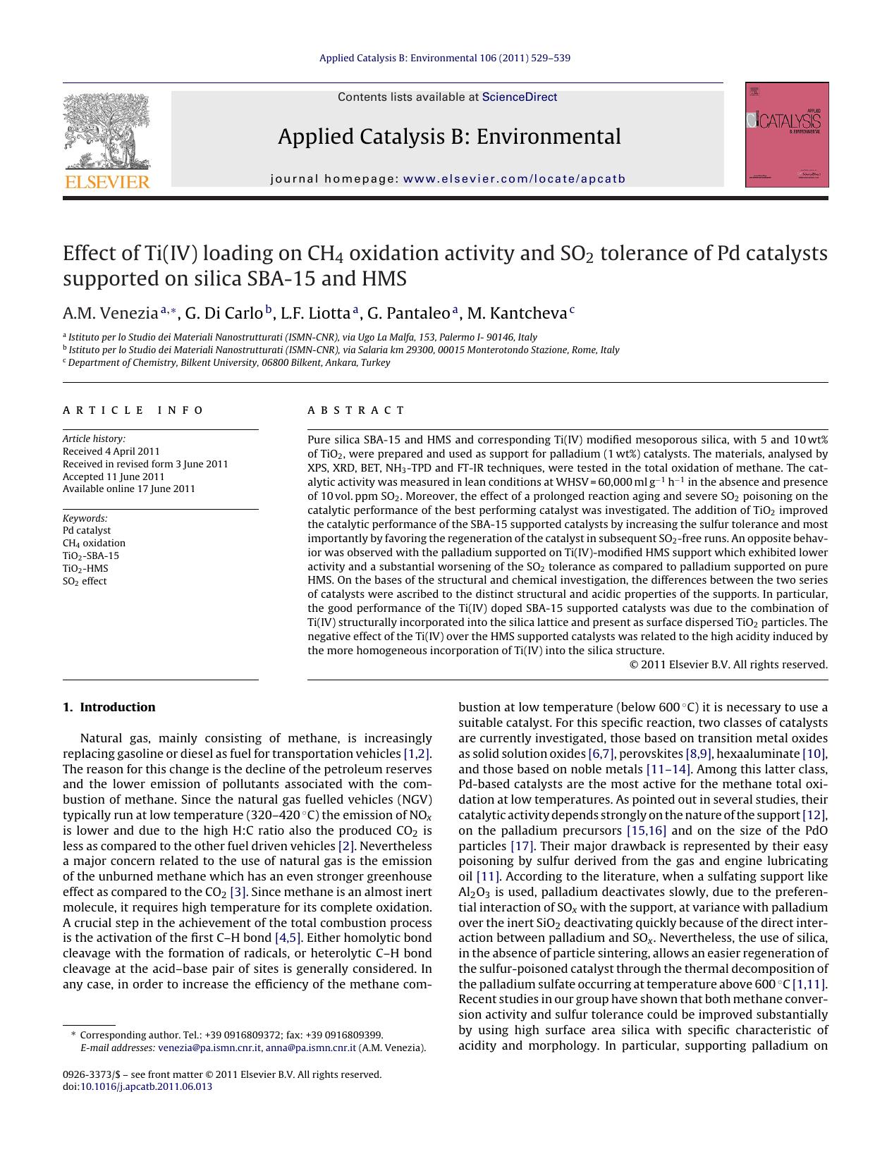 Effect of Ti(IV) loading on CH4 oxidation activity and SO2 tolerance of Pd catalysts supported on silica SBA-15 and HMS by A.M. Venezia