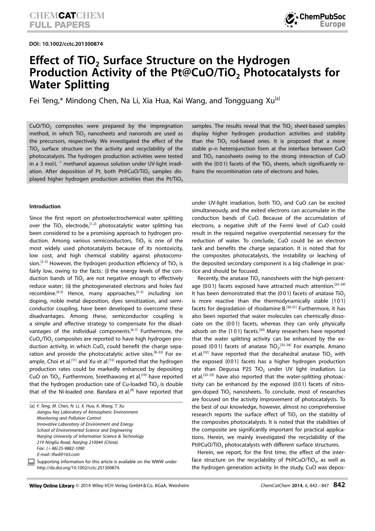 Effect of TiO2 Surface Structure on the Hydrogen Production Activity of the Pt@CuOTiO2 Photocatalysts for Water Splitting by Unknown