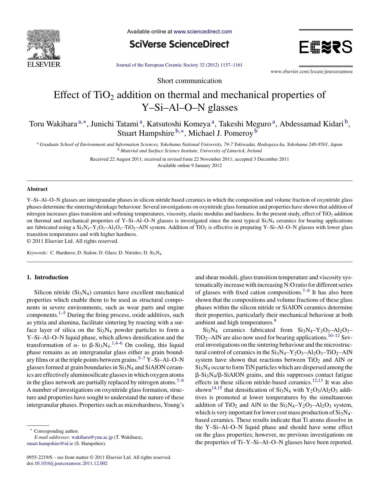 Effect of TiO2 addition on thermal and mechanical properties of YâSiâAlâOâN glasses by Toru Wakihara