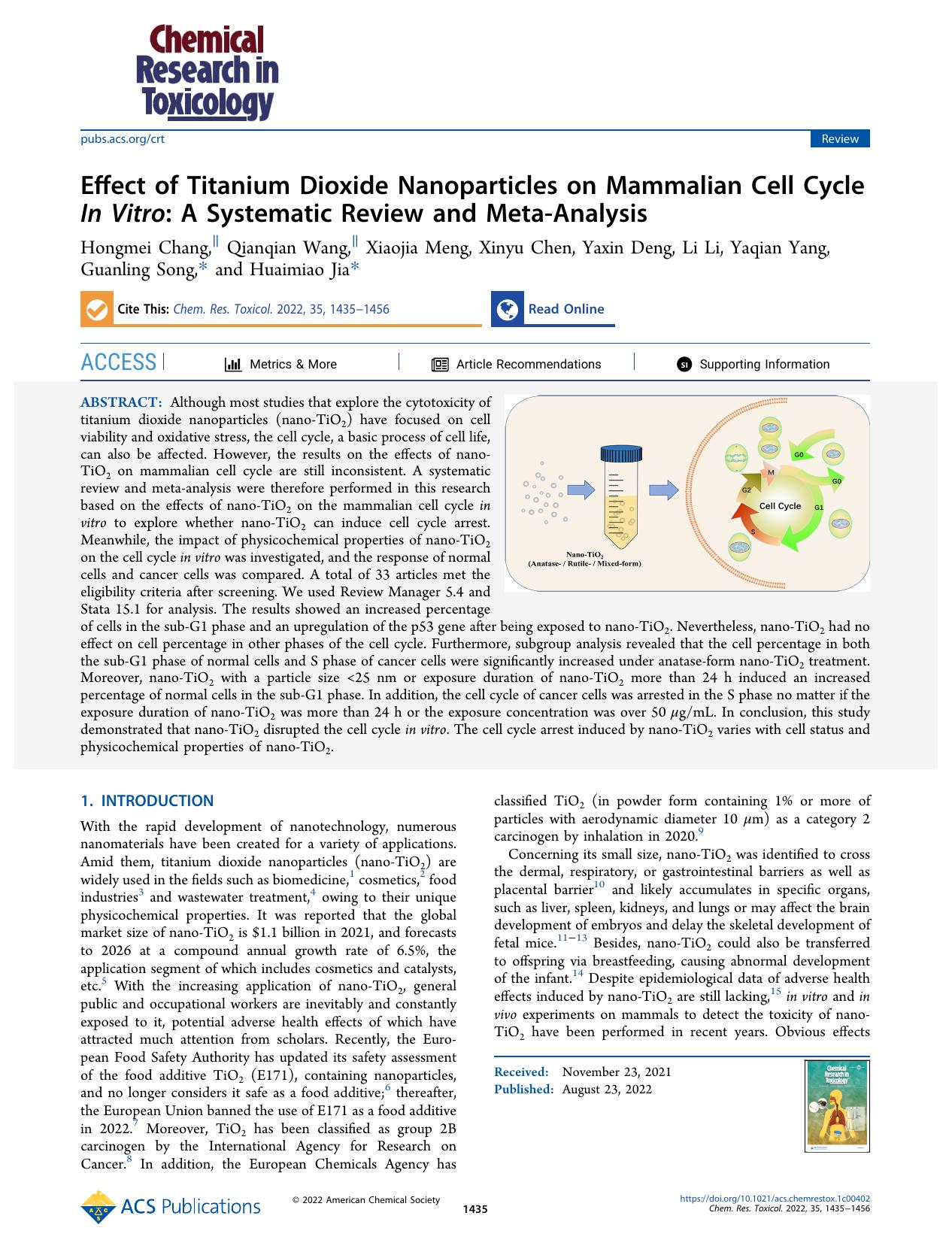 Effect of Titanium Dioxide Nanoparticles on Mammalian Cell Cycle In Vitro: A Systematic Review and Meta-Analysis by unknow