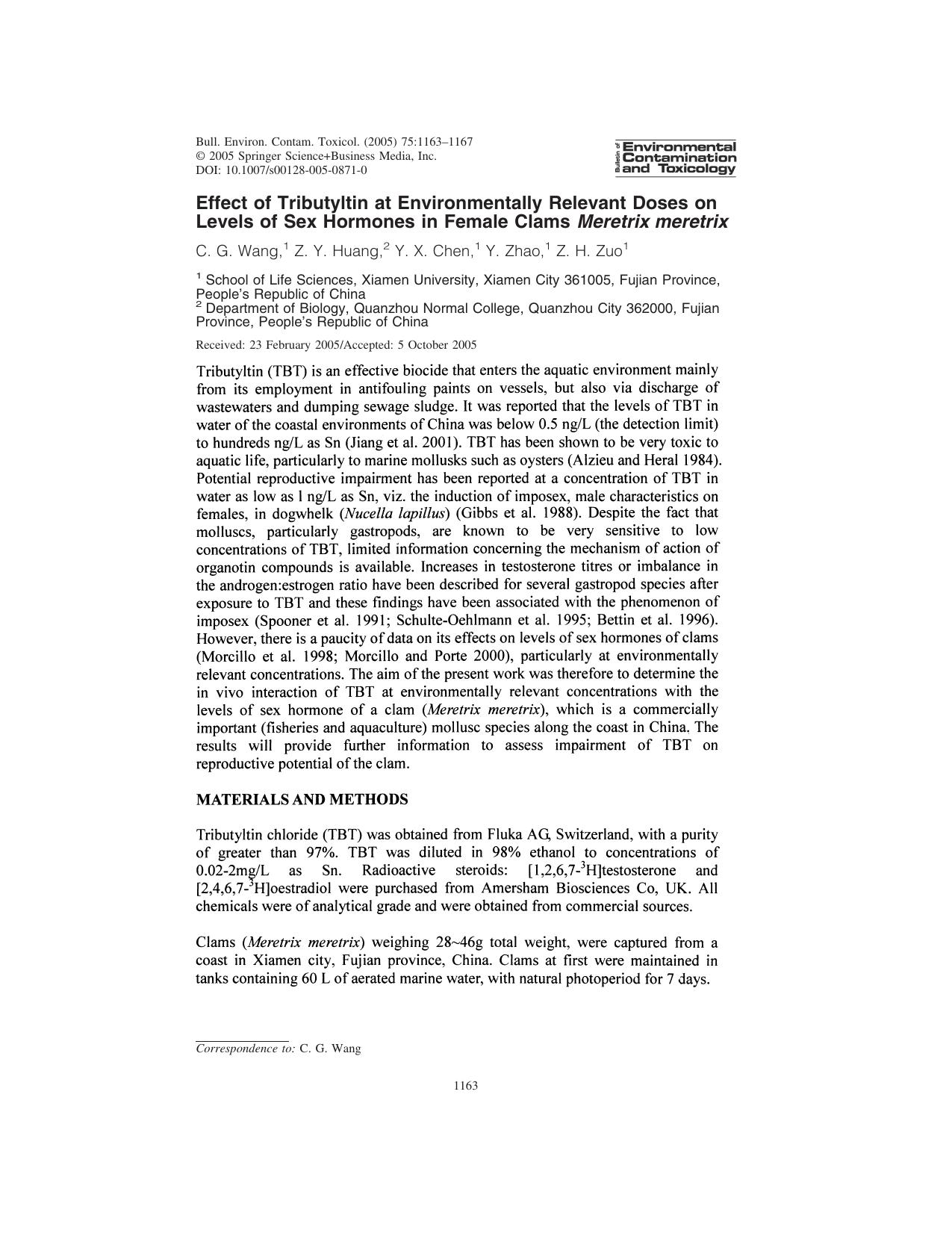 Effect of Tributyltin at Environmentally Relevant Doses on Levels of Sex Hormones in Female Clams Meretrix meretrix by Wang & C. G. et al