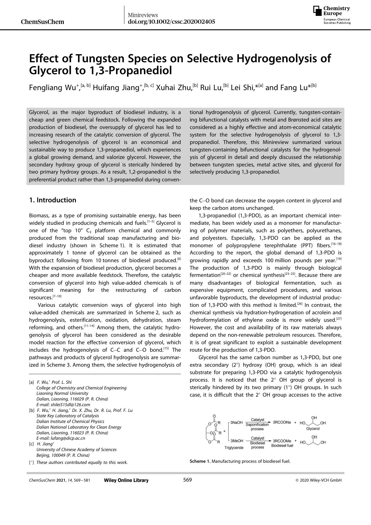 Effect of Tungsten Species on Selective Hydrogenolysis of Glycerol to 1,3âPropanediol by Unknown