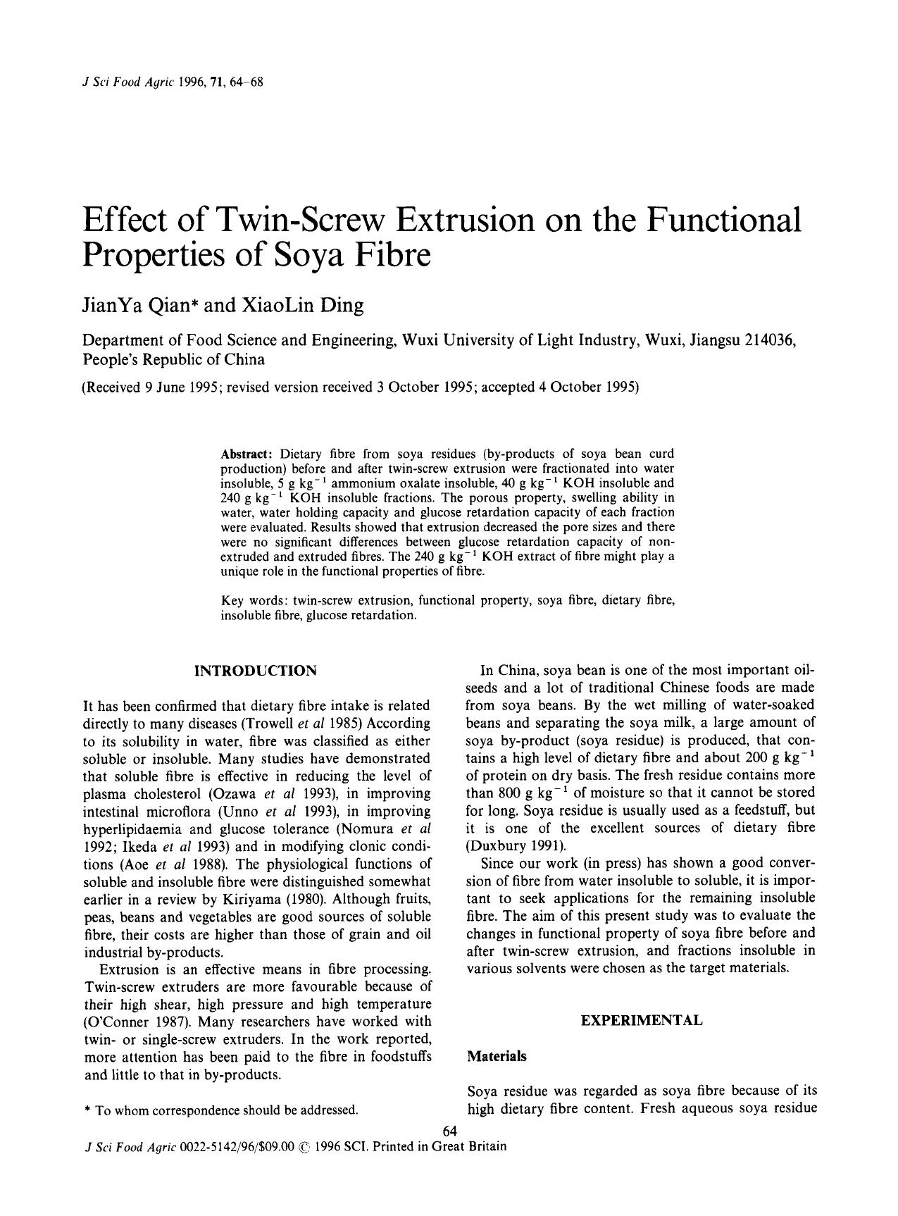 Effect of Twin-Screw Extrusion on the Functional Properties of Soya Fibre by Unknown