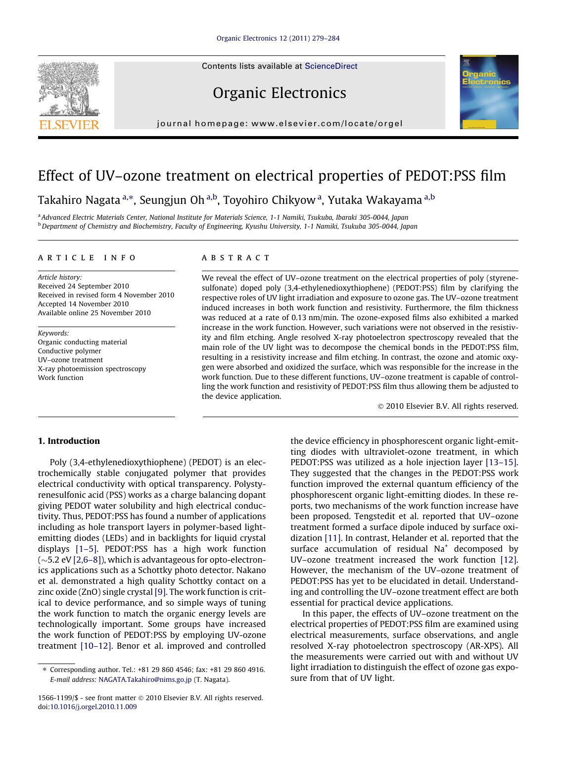 Effect of UVÃ¢â¬âozone treatment on electrical properties of PEDOT:PSS film by Takahiro Nagata & Seungjun Oh & Toyohiro Chikyow & Yutaka Wakayama