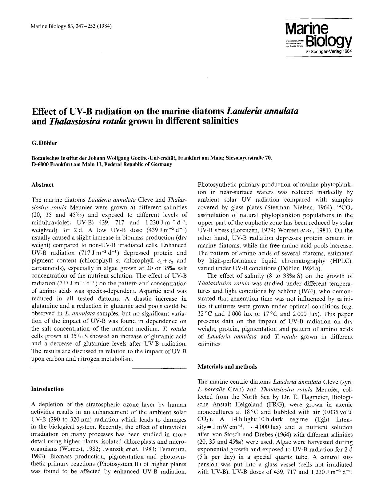 Effect of UV-B radiation on the marine diatoms <Emphasis Type="Italic">Lauderia annulata<Emphasis> and <Emphasis Type="Italic">Thalassiorsira rotula<Emphasis> grown in different salinities by Unknown