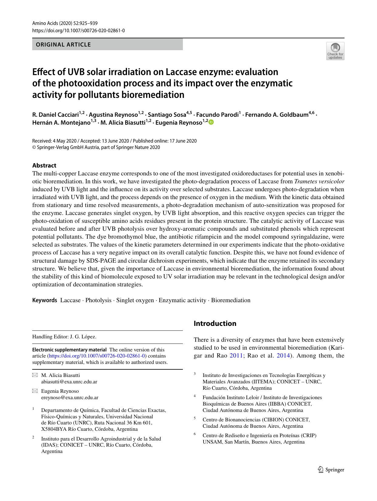 Effect of UVB solar irradiation on Laccase enzyme: evaluation of the photooxidation process and its impact over the enzymatic activity for pollutants bioremediation by unknow