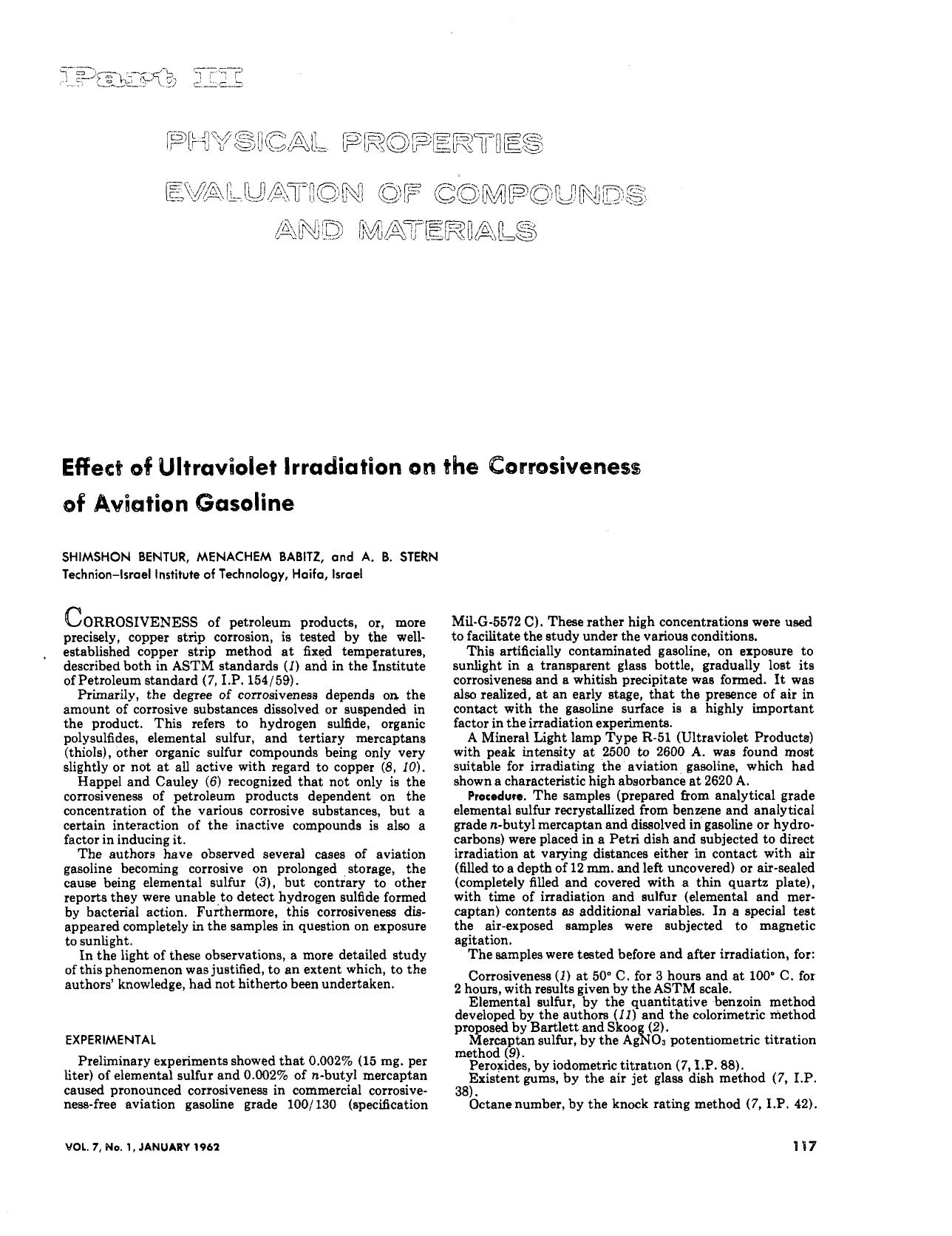 Effect of Ultraviolet Irradiation on the Corrosiveness of Aviation Gasoline. by Shimshon Bentur Menachem Babitz A. B. Stern