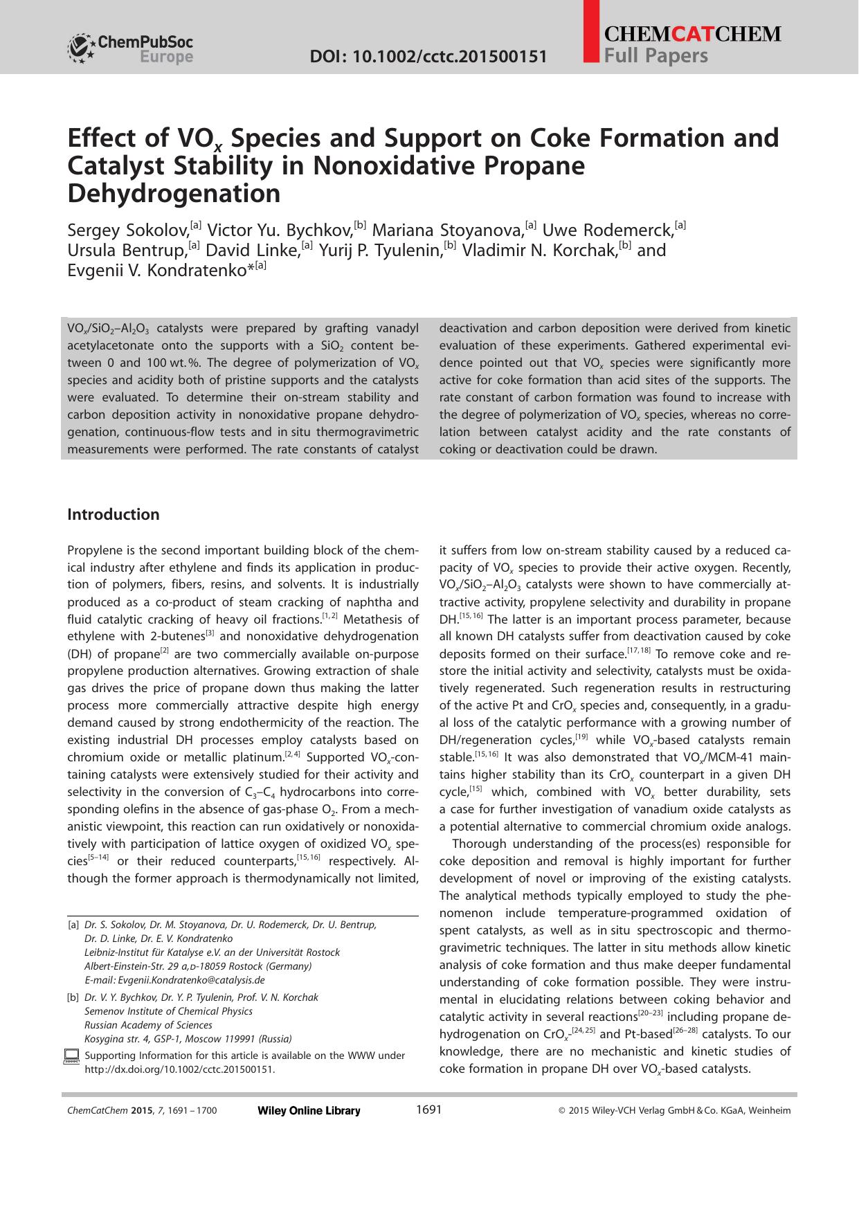 Effect of VOx Species and Support on Coke Formation and Catalyst Stability in Nonoxidative Propane Dehydrogenation by Unknown