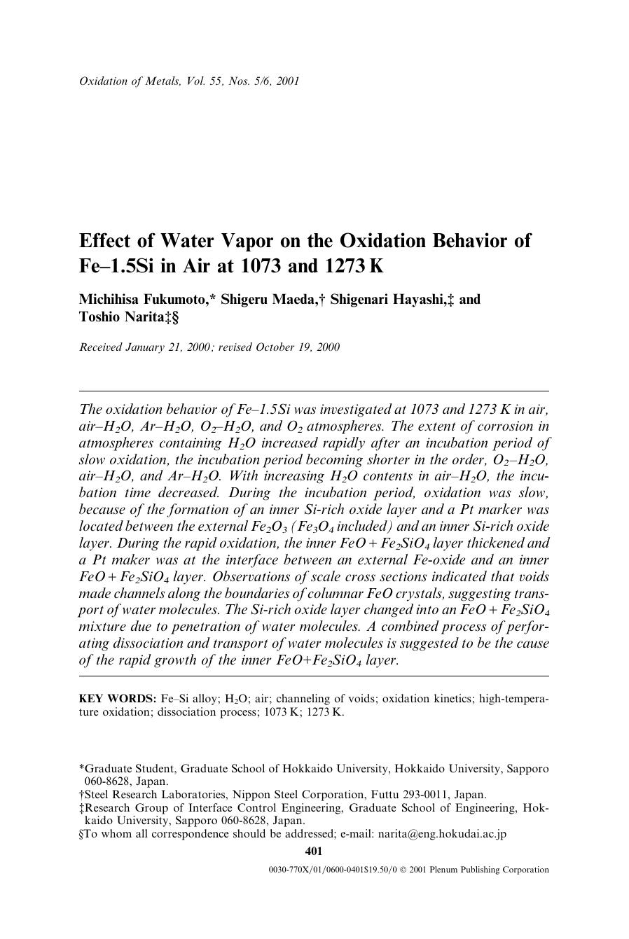 Effect of Water Vapor on the Oxidation Behavior of Fe–1.5Si in Air at 1073 and 1273 K by Unknown