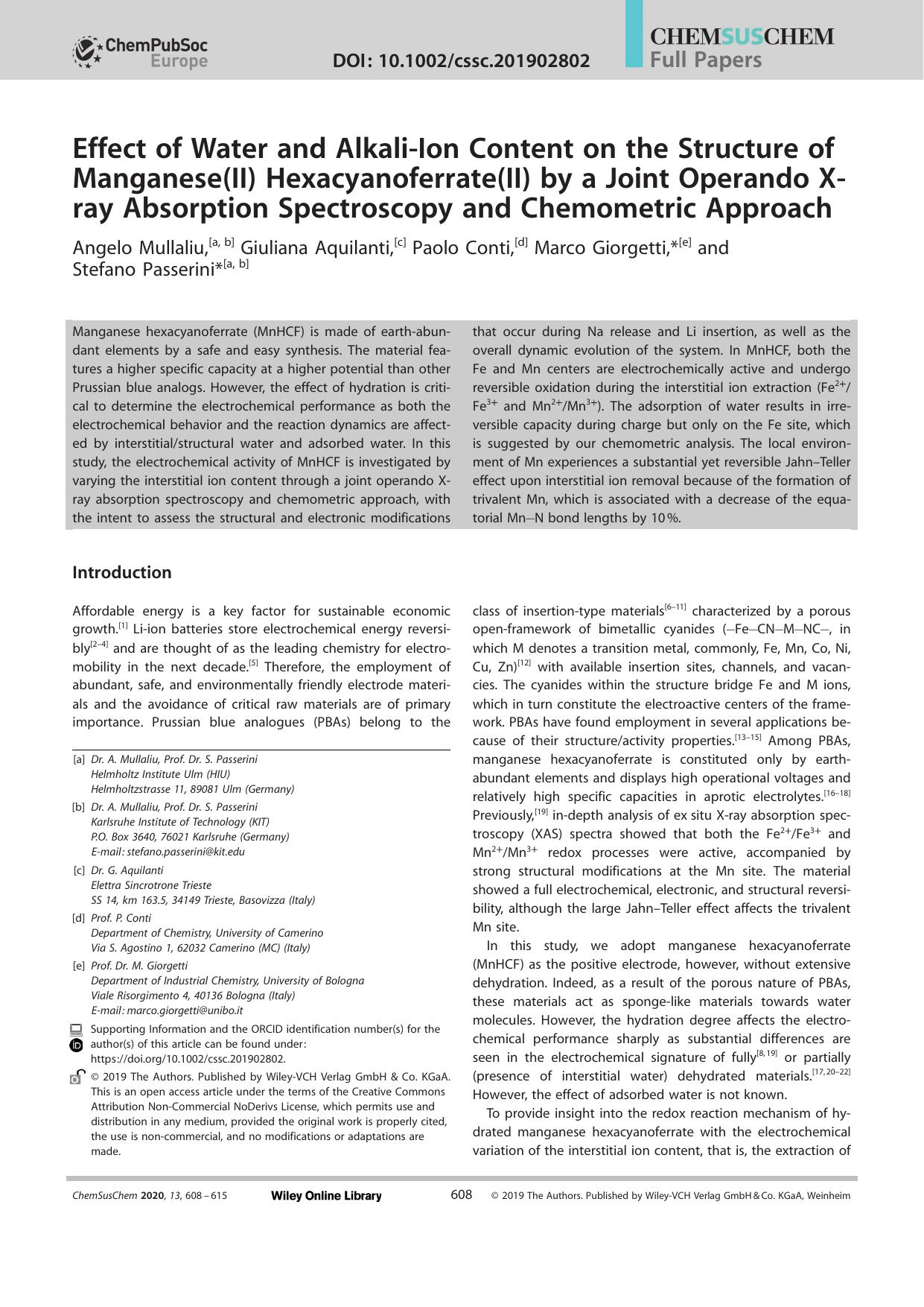 Effect of Water and AlkaliâIon Content on the Structure of Manganese(II) Hexacyanoferrate(II) by a Joint Operando Xâray Absorption Spectroscopy and Chemometric Approach by Unknown
