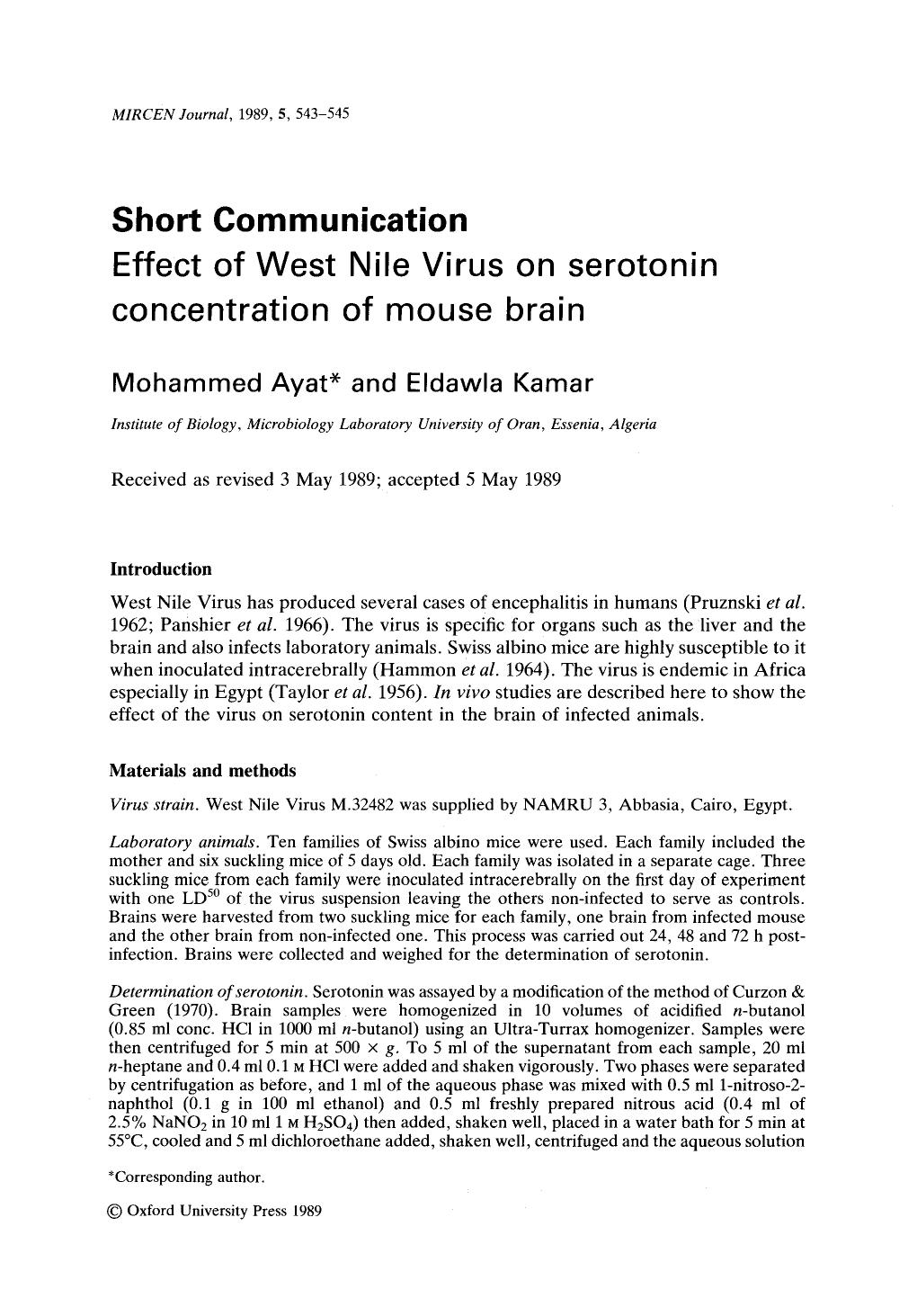 Effect of West Nile Virus on serotonin concentration of mouse brain by Unknown