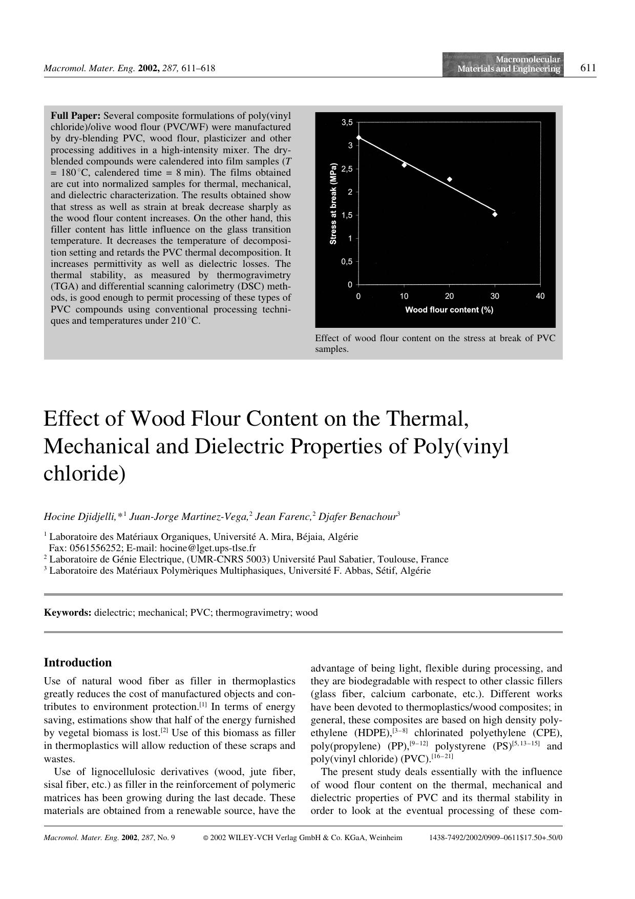 Effect of Wood Flour Content on the Thermal, Mechanical and Dielectric Properties of Poly(vinyl chloride) by Unknown
