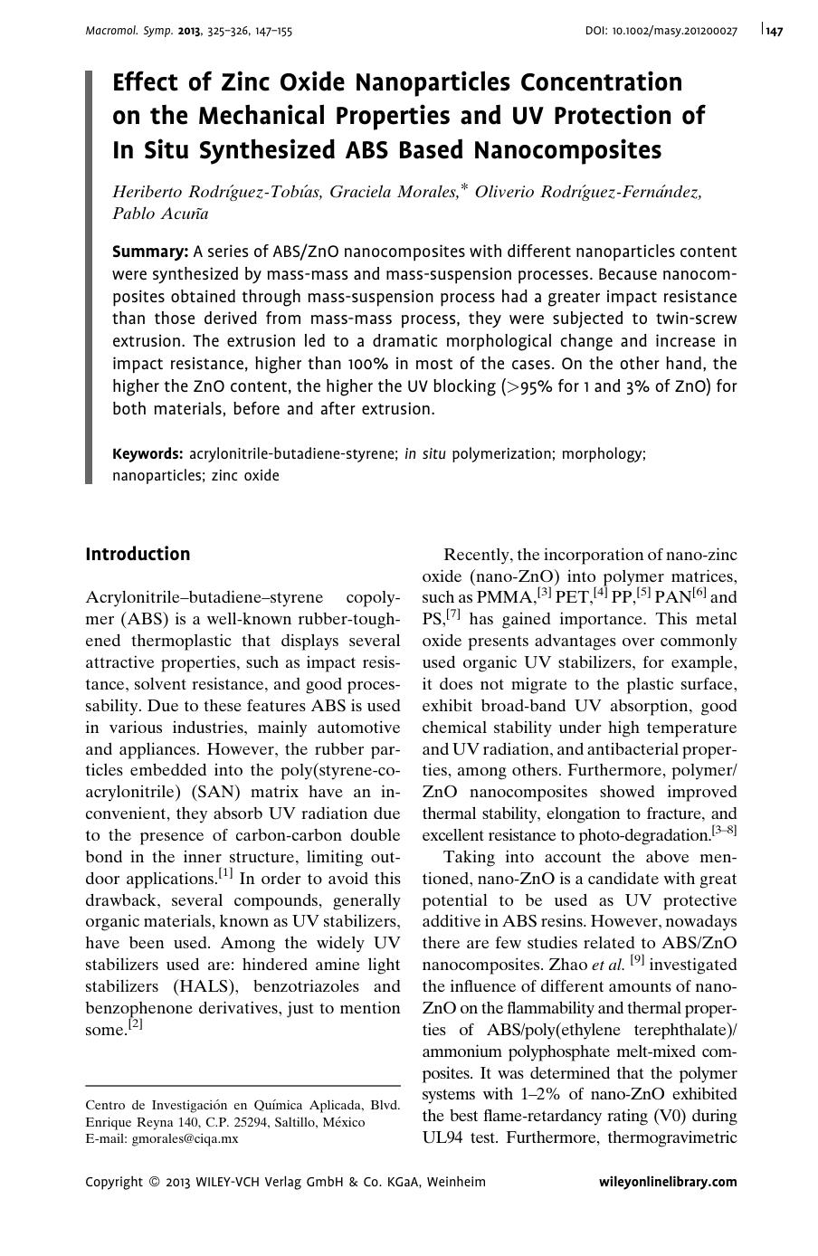 Effect of Zinc Oxide Nanoparticles Concentration on the Mechanical Properties and UV Protection of In Situ Synthesized ABS Based Nanocomposites by Unknown