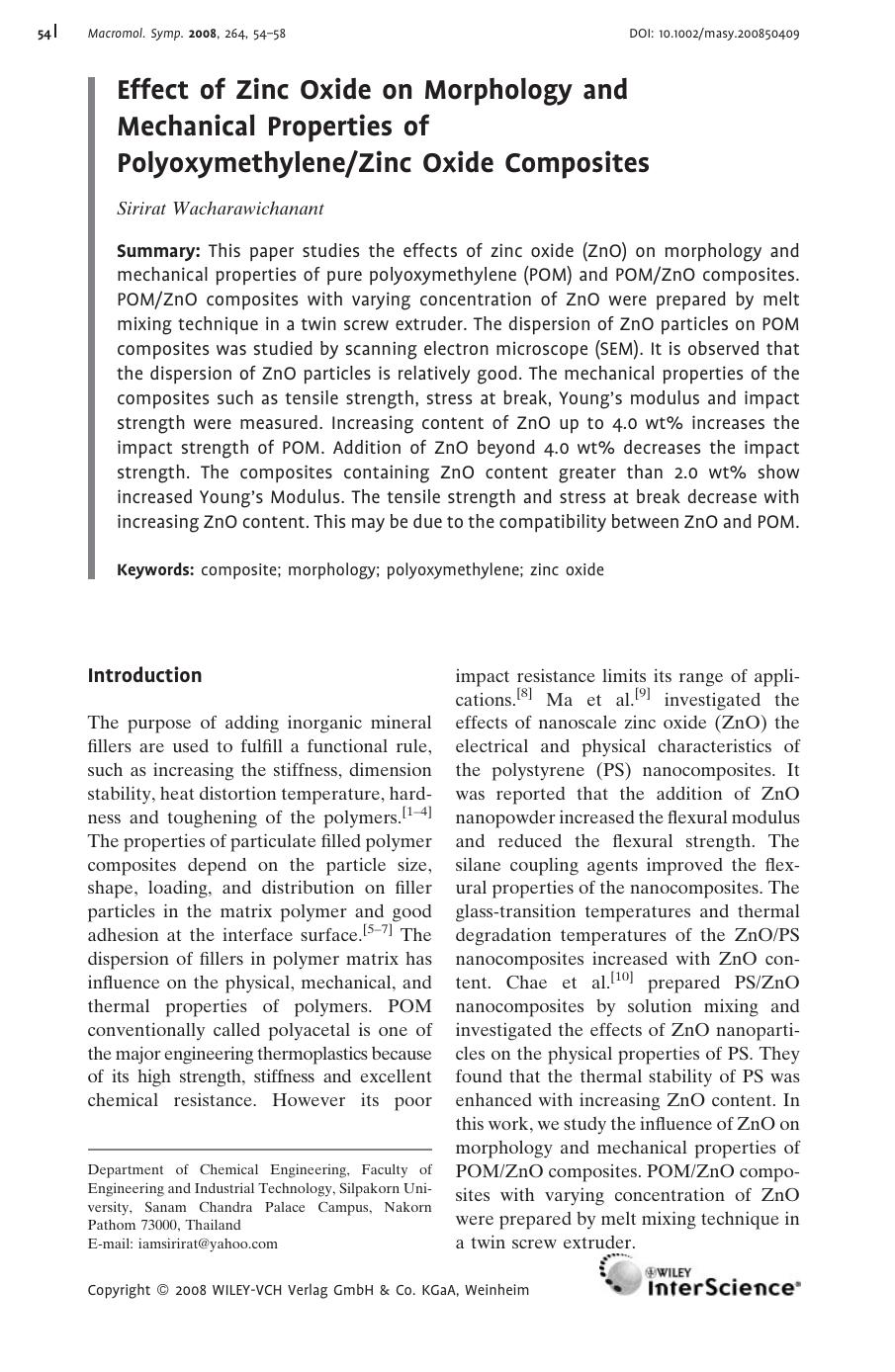 Effect of Zinc Oxide on Morphology and Mechanical Properties of PolyoxymethyleneZinc Oxide Composites by Unknown