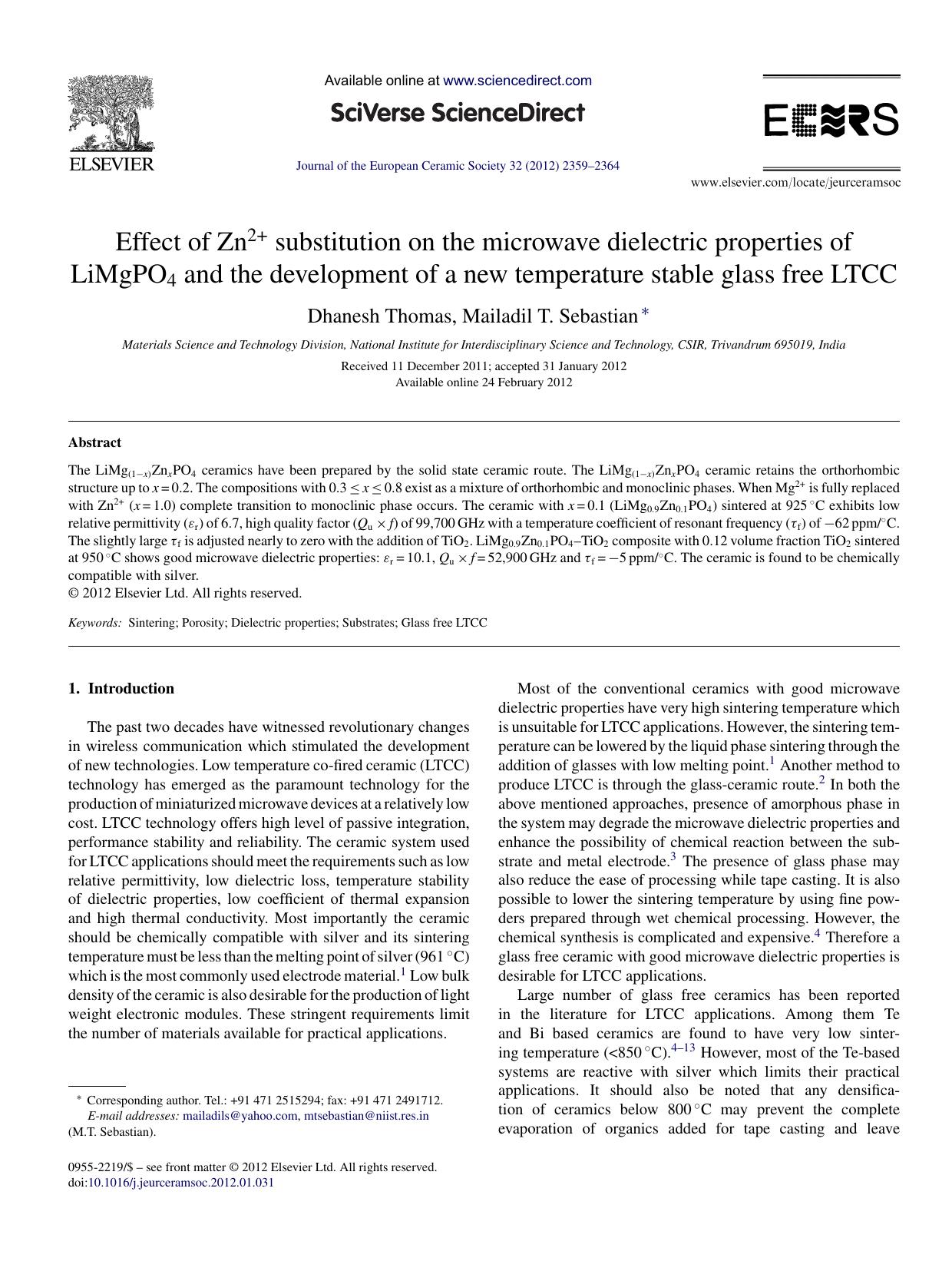 Effect of Zn2+ substitution on the microwave dielectric properties of LiMgPO4 and the development of a new temperature stable glass free LTCC by Dhanesh Thomas