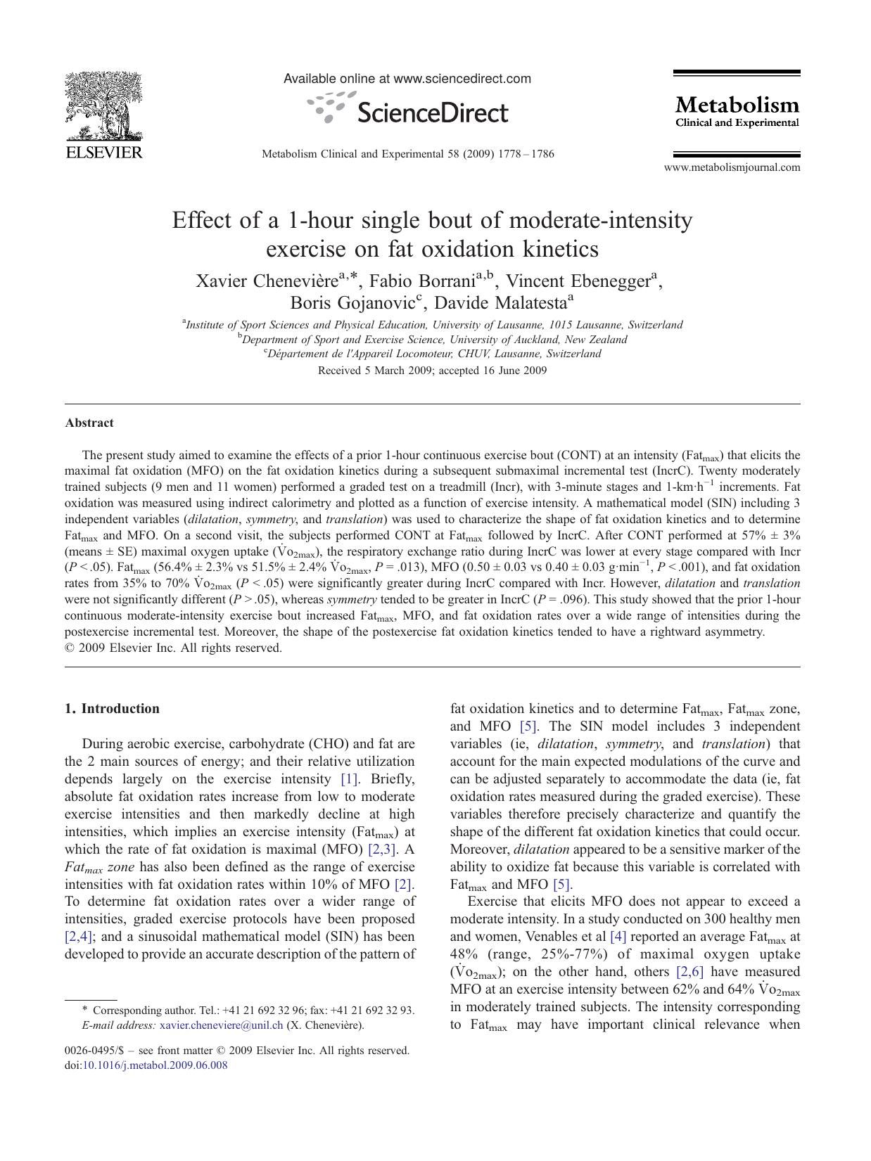 Effect of a 1-hour single bout of moderate-intensity exercise on fat oxidation kinetics by Xavier Chenevière; Fabio Borrani; Vincent Ebenegger; Boris Gojanovic; Davide Malatesta