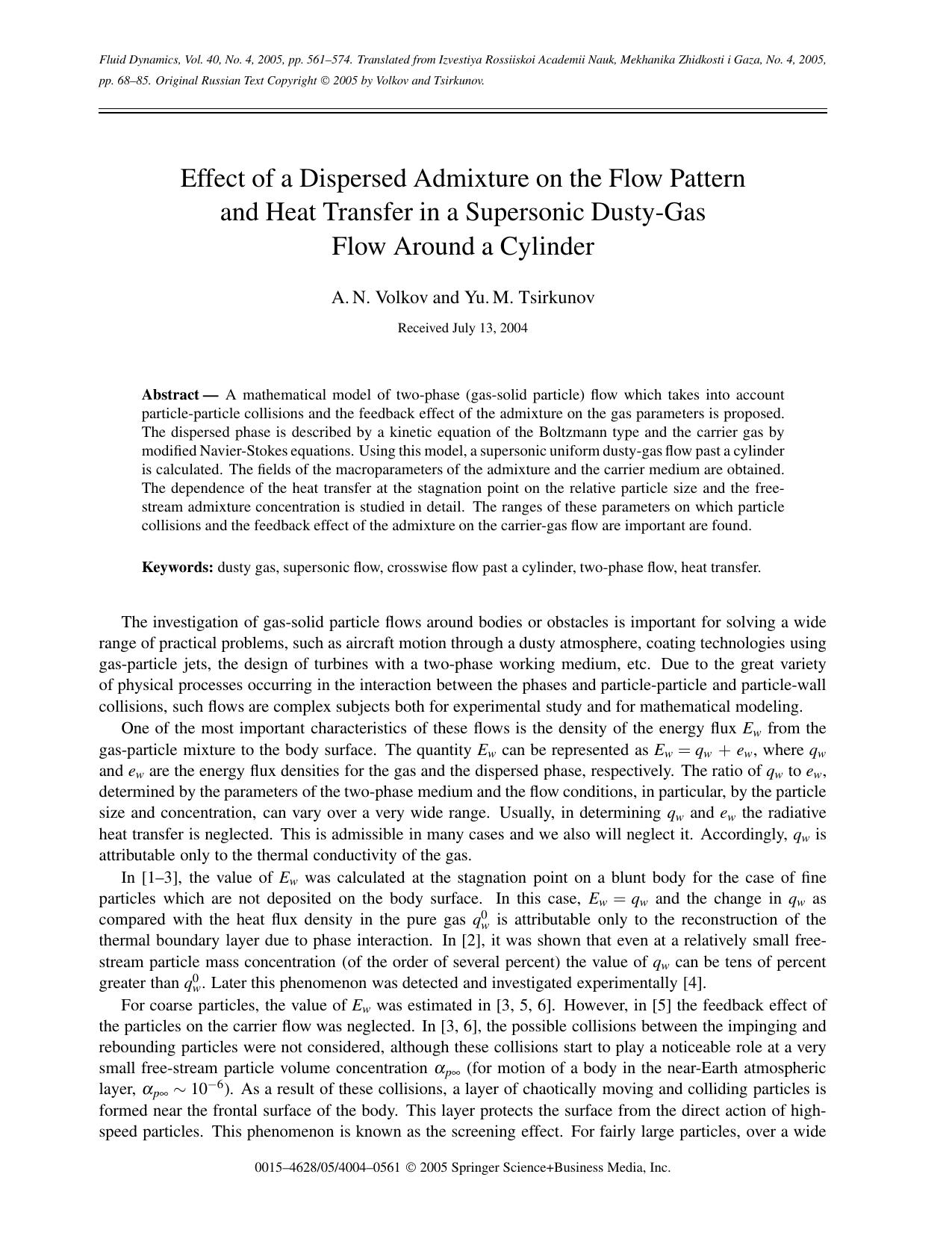 Effect of a Dispersed Admixture on the Flow Pattern and Heat Transfer in a Supersonic Dusty-Gas Flow Around a Cylinder by Unknown