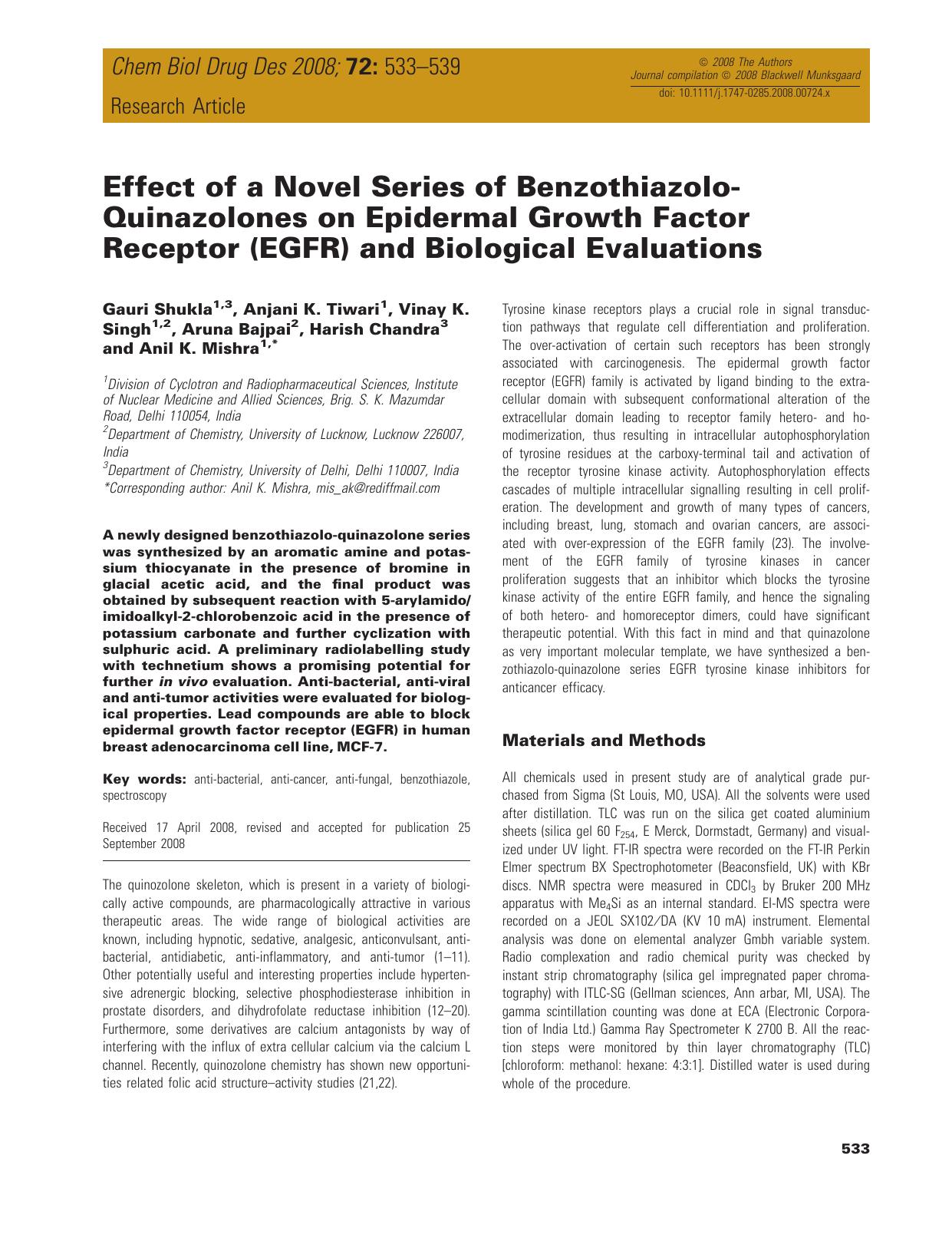 Effect of a Novel Series of Benzothiazolo-Quinazolones on Epidermal Growth Factor Receptor (EGFR) and Biological Evaluations by unknow
