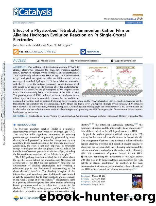 Effect of a Physisorbed Tetrabutylammonium Cation Film on Alkaline Hydrogen Evolution Reaction on Pt Single-Crystal Electrodes by Julia Fernández-Vidal & Marc T. M. Koper