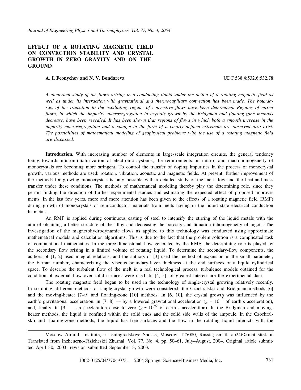Effect of a Rotating Magnetic Field on Convection Stability and Crystal Growth in Zero Gravity and on the Ground by Unknown