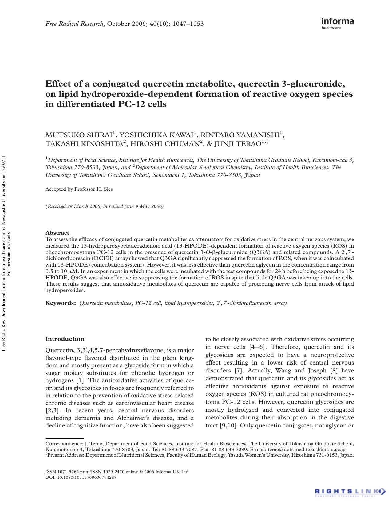 Effect of a conjugated quercetin metabolite, quercetin 3-glucuronide, on lipid hydroperoxide-dependent formation of reactive oxygen species in differentiated PC-12 cells by unknow