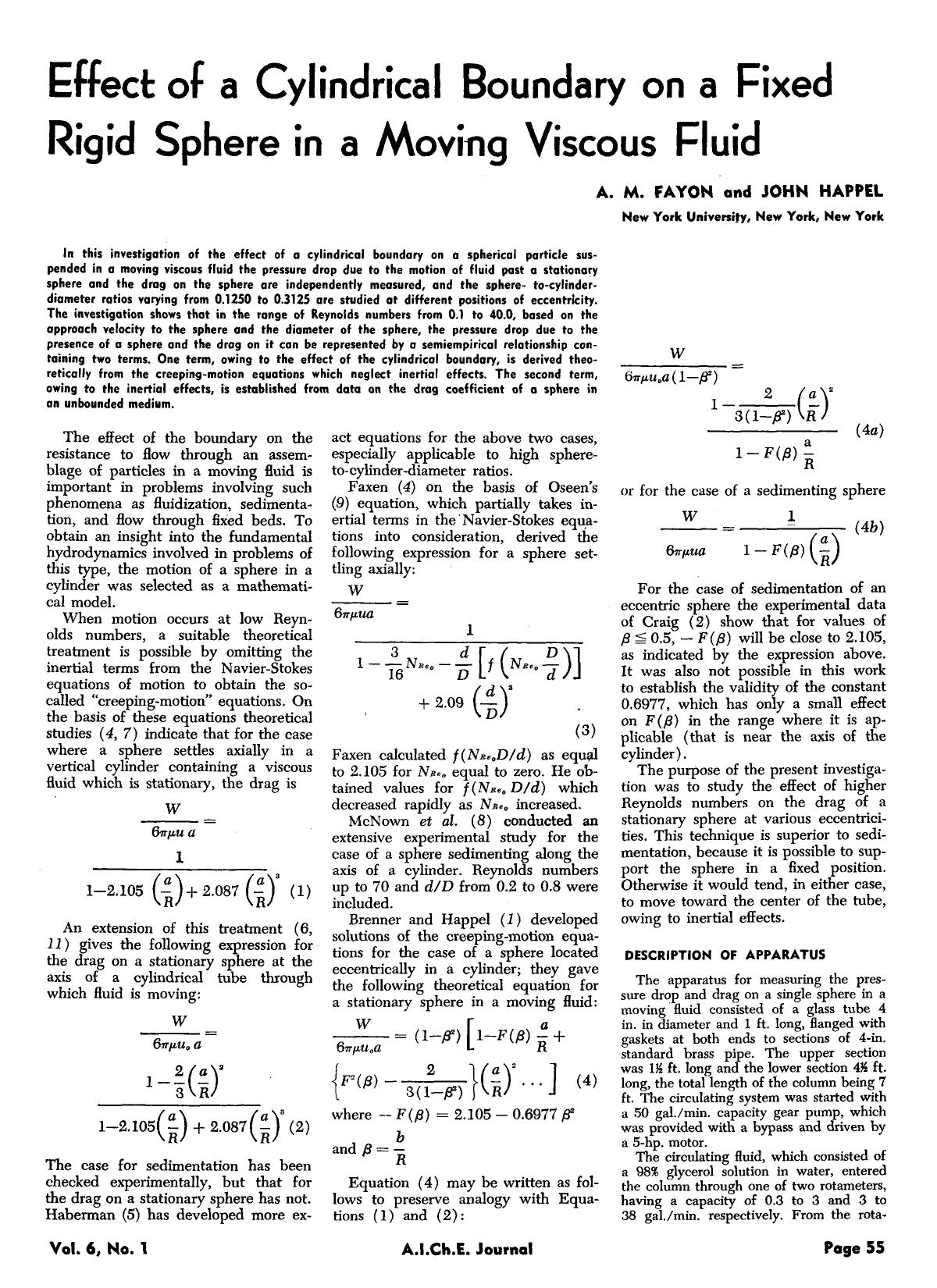 Effect of a cylindrical boundary on a fixed rigid sphere in a moving viscous fluid by Unknown