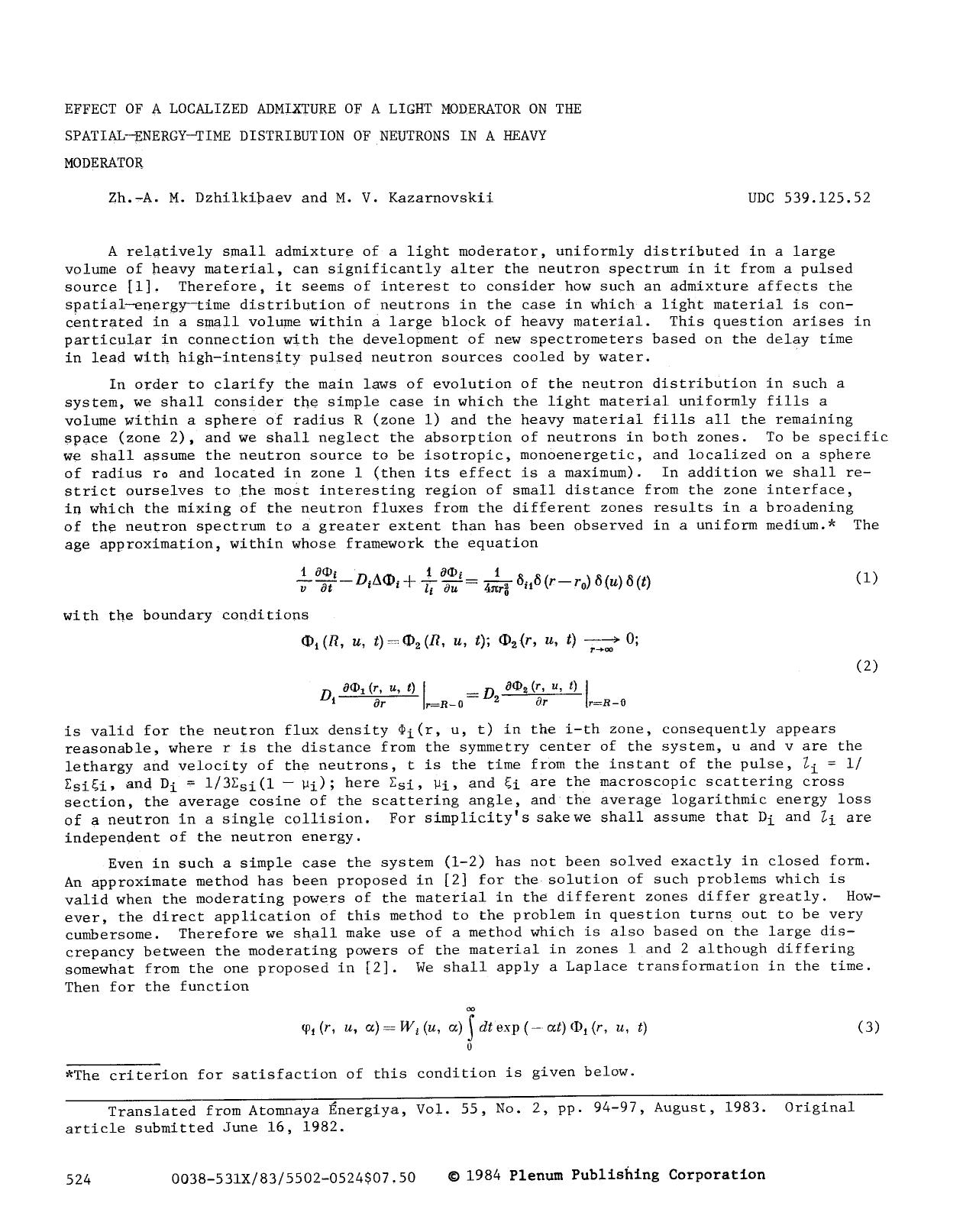 Effect of a localized admixture of a light moderator on the spatial-energy-time distribution of neutrons in a heavy moderator by Unknown