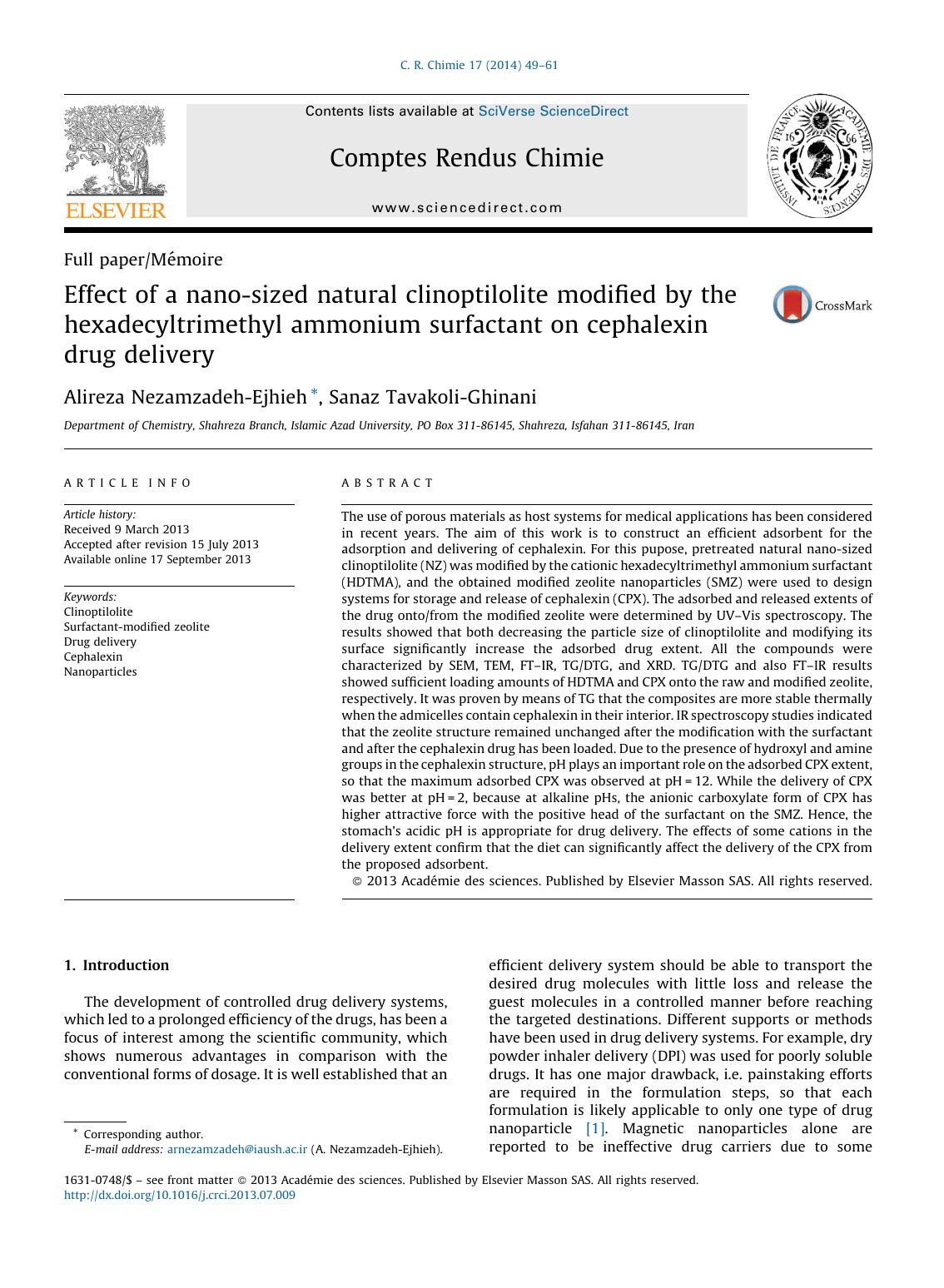 Effect of a nano-sized natural clinoptilolite modified by the hexadecyltrimethyl ammonium surfactant on cephalexin drug delivery by Alireza Nezamzadeh-Ejhieh & Sanaz Tavakoli-Ghinani