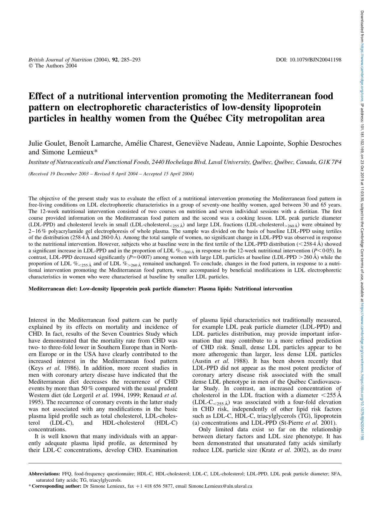 Effect of a nutritional intervention promoting the Mediterranean food pattern on electrophoretic characteristics of low-density lipoprotein particles in healthy women from the QuÃ© by unknow