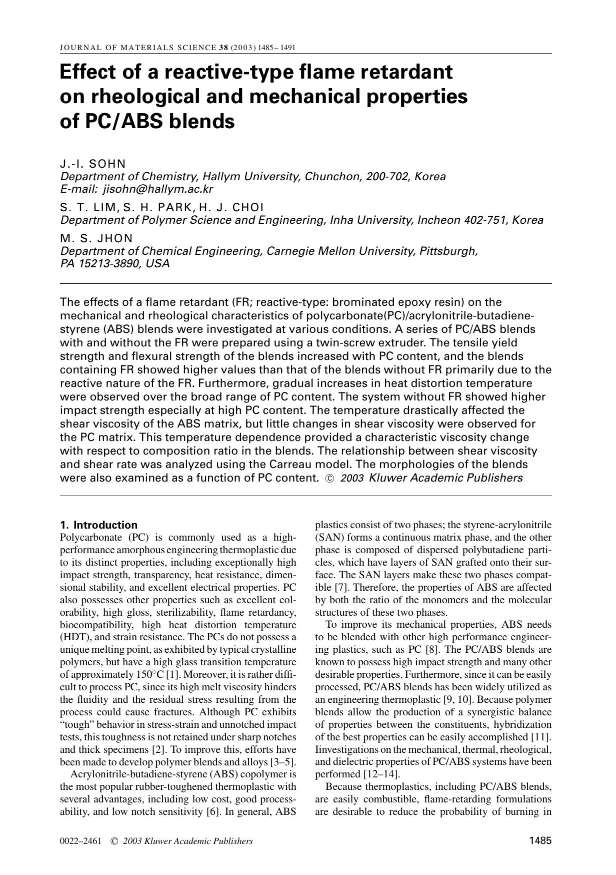Effect of a reactive-type flame retardant on rheological and mechanical properties of PCABS blends by Unknown
