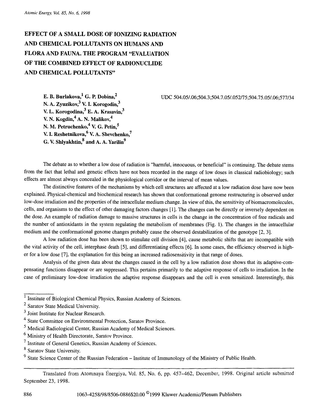 Effect of a small dose of ionizing radiation and chemical pollutants on humans and flora and fauna. The program &#x201C;evaluation of the combined effect of radionuclide and chemic by Unknown