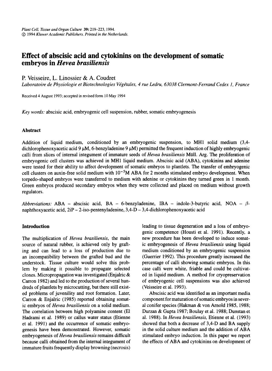 Effect of abscisic acid and cytokinins on the development of somatic embryos in <Emphasis Type="Italic">Hevea brasiliensis <Emphasis> by Unknown
