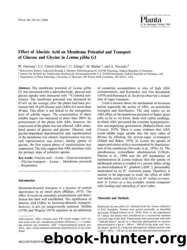 Effect of abscisic acid on membrane potential and transport of glucose and glycine in <Emphasis Type="Italic">Lemna gibba<Emphasis> G1 by Unknown