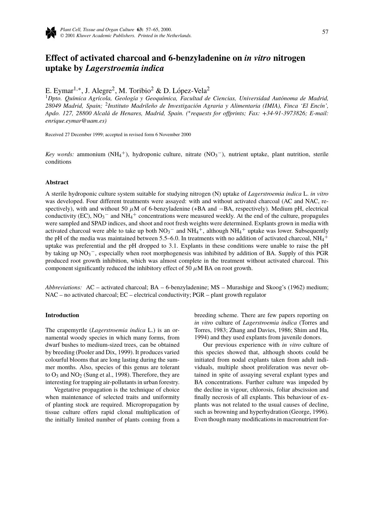 Effect of activated charcoal and 6-benzyladenine on <Emphasis Type="Italic">in vitro<Emphasis> nitrogen uptake by <Emphasis Type="Italic">Lagerstroemia indica<Emphasis> by Unknown
