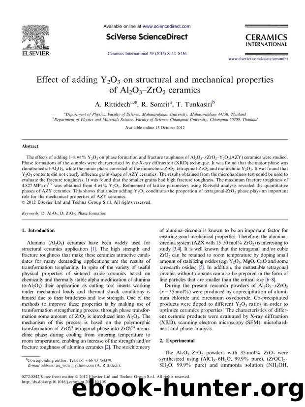 Effect of adding Y2O3 on structural and mechanical properties of Al2O3âZrO2 ceramics by A. Rittidech & R. Somrit & T. Tunkasiri
