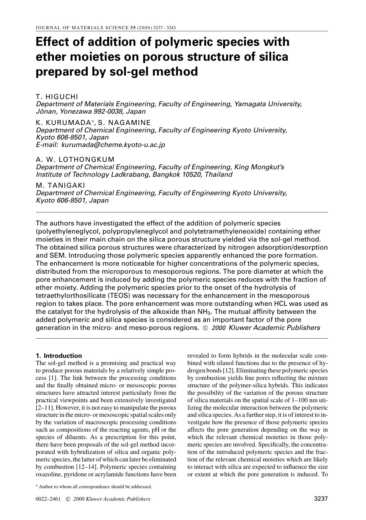 Effect of addition of polymeric species with ether moieties on porous structure of silica prepared by sol-gel method by Unknown